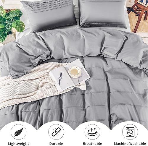 Miniatura 3 de NEXHOME PRO Juego de funda de edredón 100% algodón orgánico, tamaño Queen, juego de funda de edredón plisada con textura de lino, color gris claro,