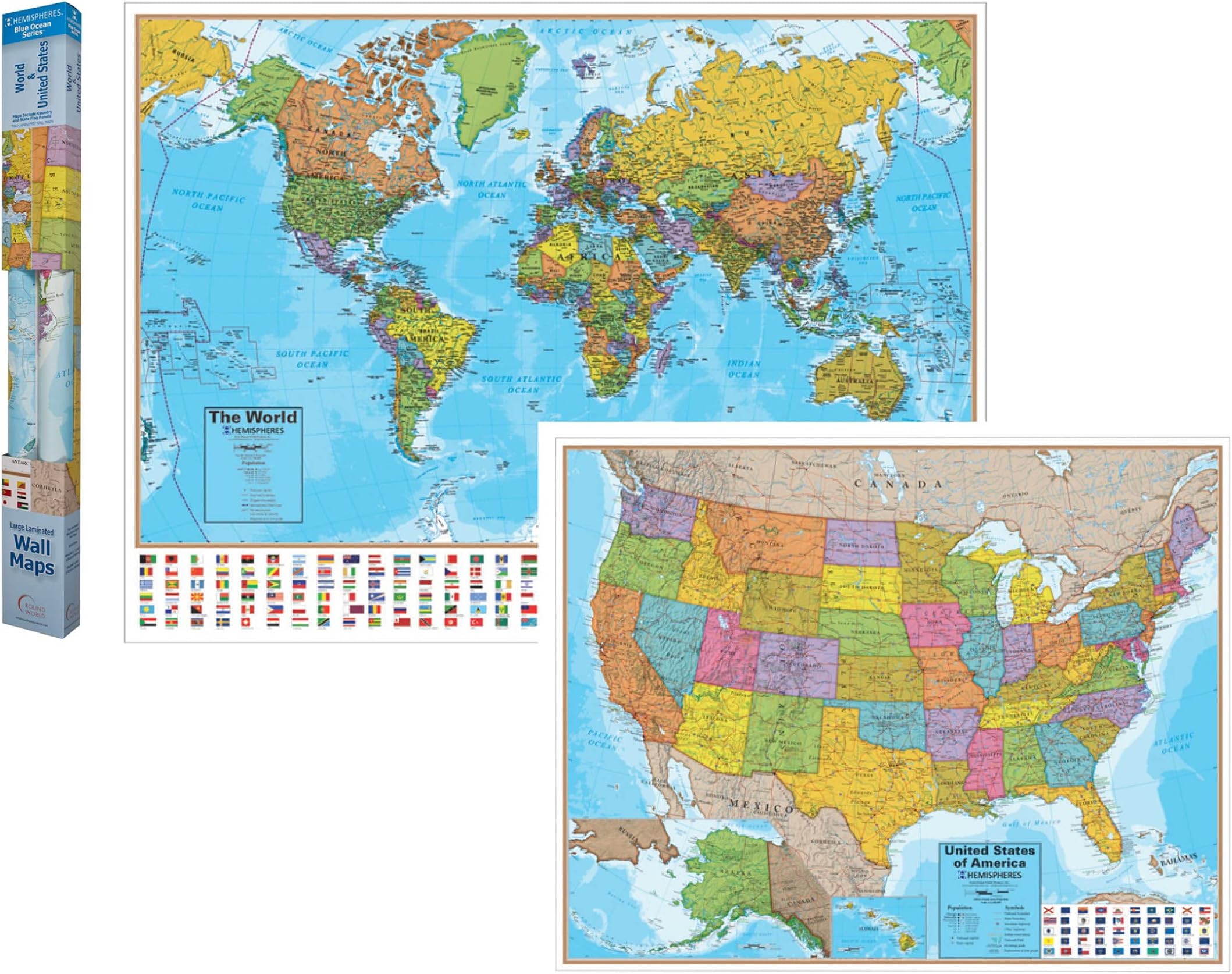 Hemisphere RWPHMB02PK Laminated Wall, World & USA Map