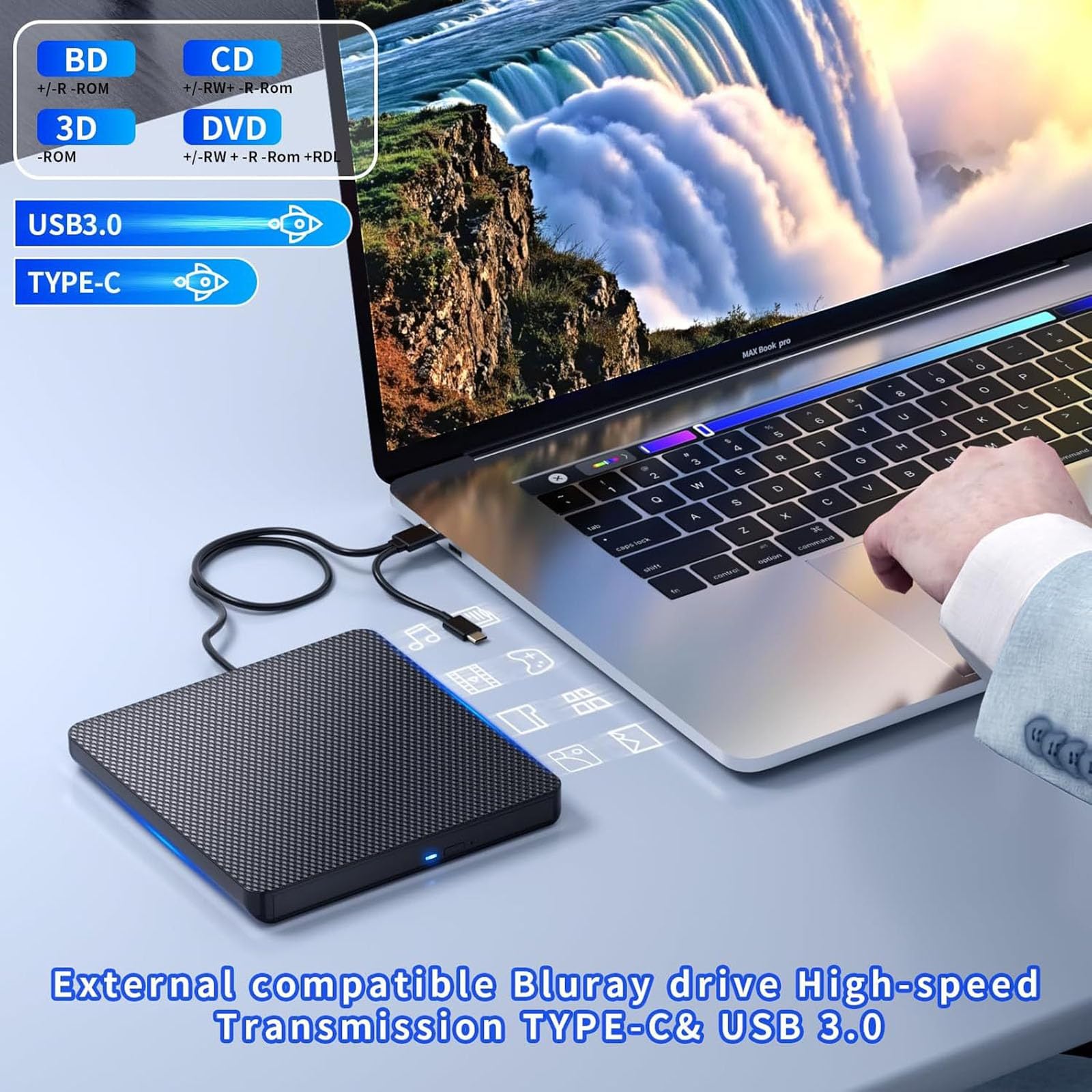 Colexy Blu ray Brenner, Bluray Laufwerk Extern, USB 3.0 Typ-C 3D CD DVD BD Brenner, Brenner Player für MacBook Laptop Desktop PC Laptop Kompatibel mit Mac OS Windows XP/7/8/10/11