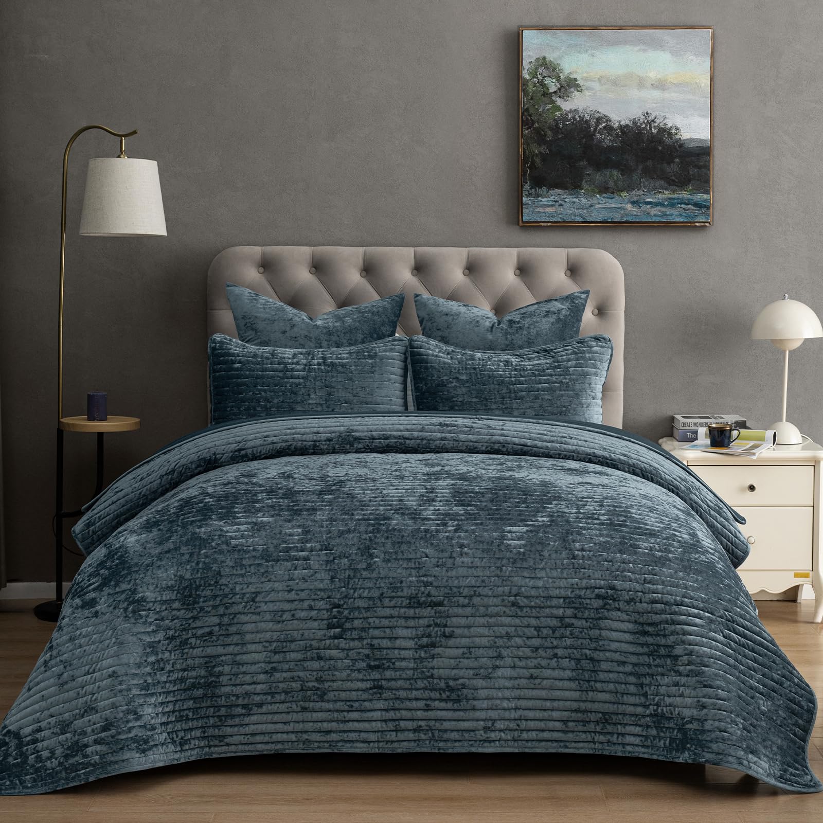 PHF Striped Channel Luxury Velvet Quilt Set King Size, Stormy Blue | Ultra Soft & Luxury Quilted Comforter Alternative, Bedspread for All Season. 1 Coverlet with 2 Matching Shams, Home Decor