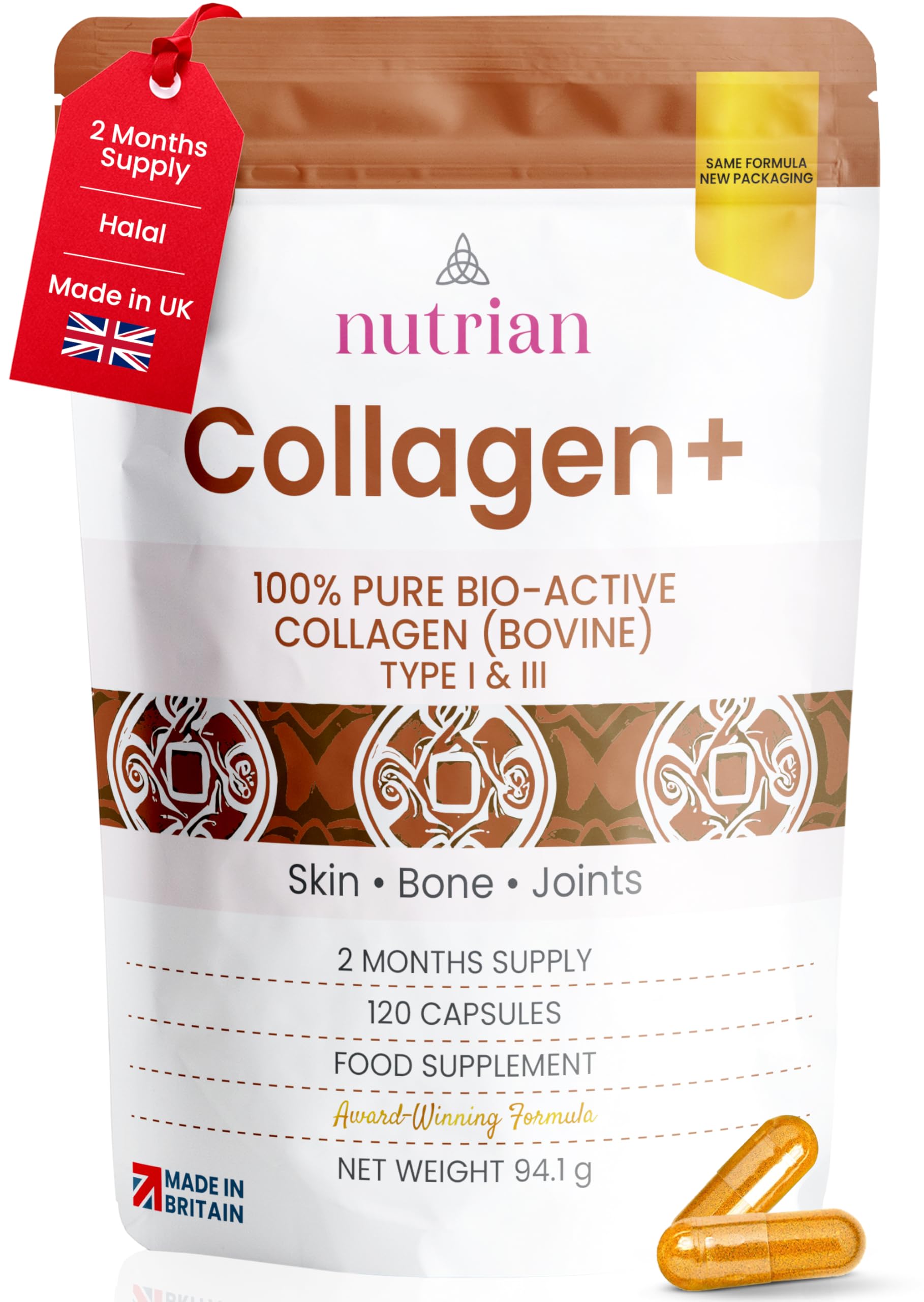 Collagen+ | 1200mg Bio-Active Hydrolysed 100% Bovine Collagen Peptides | Grass-Fed, Halal Certified, Made in UK | Type I & III | Skin, Hair, Nails & Joint Support | 120 Capsules