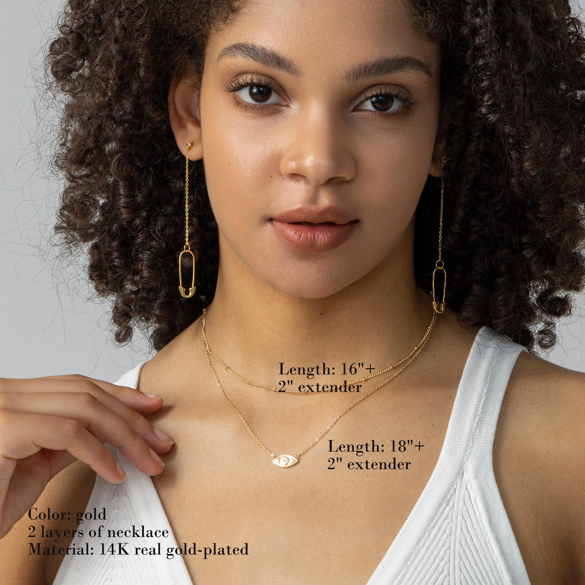 Layered Evil Eye Necklace For Women – 18K Gold Plated Paperclip Chain With Cubic Zirconia, Adjustable Length