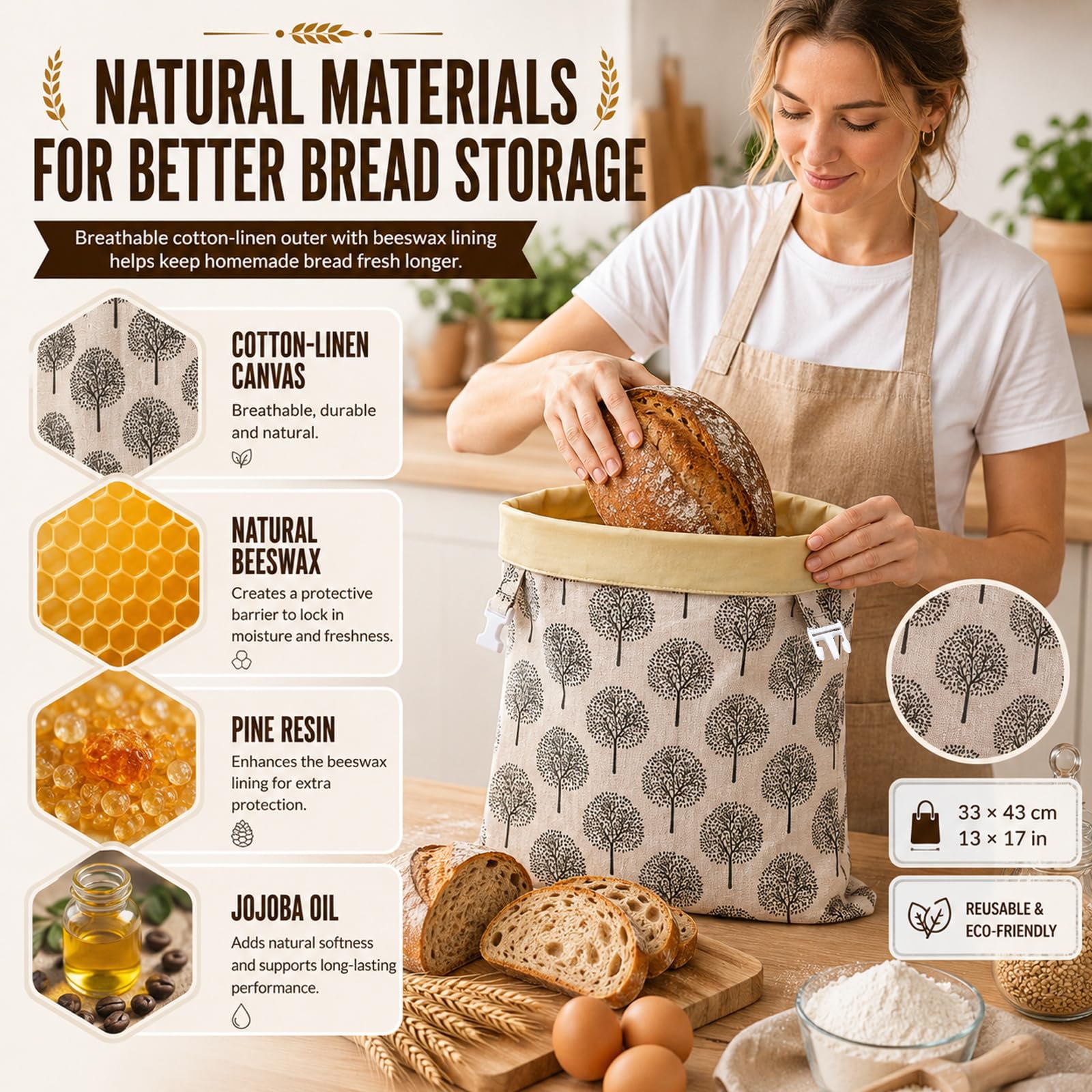 Sacchetti Di Pane in Cera D'api, Borsa Portaoggetti Riutilizzabile in Cotone Naturale, Per Congelatore E Frigorifero, Grande Capacità E Lavabile Per Fatti in Casa, Panetteria, Picnic (B,2 PACK)
