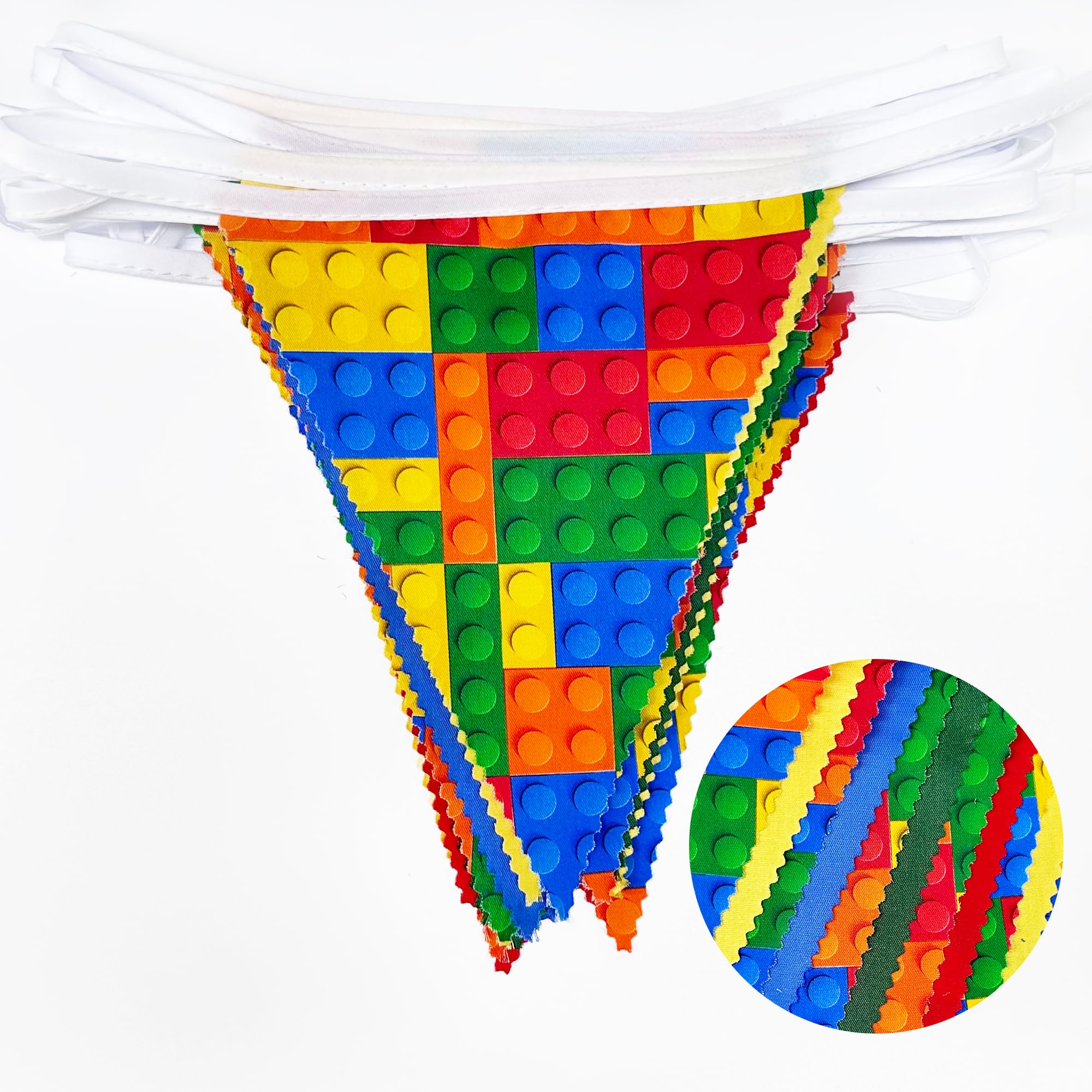 32Ft Building Block Party Decorations Red Blue Yellow Green Colorful Building Block Triangle Flag Pennant Bunting Banner Fabric Garland Streamers for Kids Birthday Baby Shower Outdoor Garden Decor
