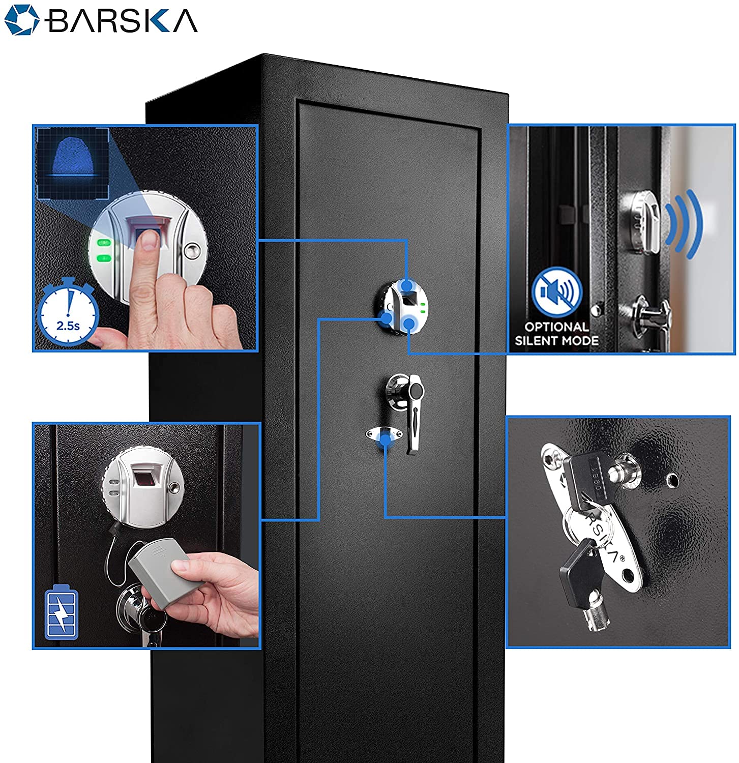 Barska Biometric Rifle Safe – 16 Rifle Capacity, Fingerprint Gun Safe with 120 Scan Memory, DOJ Approved, Silent Mode, 5-Point Steel Lock, Removable Shelf, Battery & Key Backup