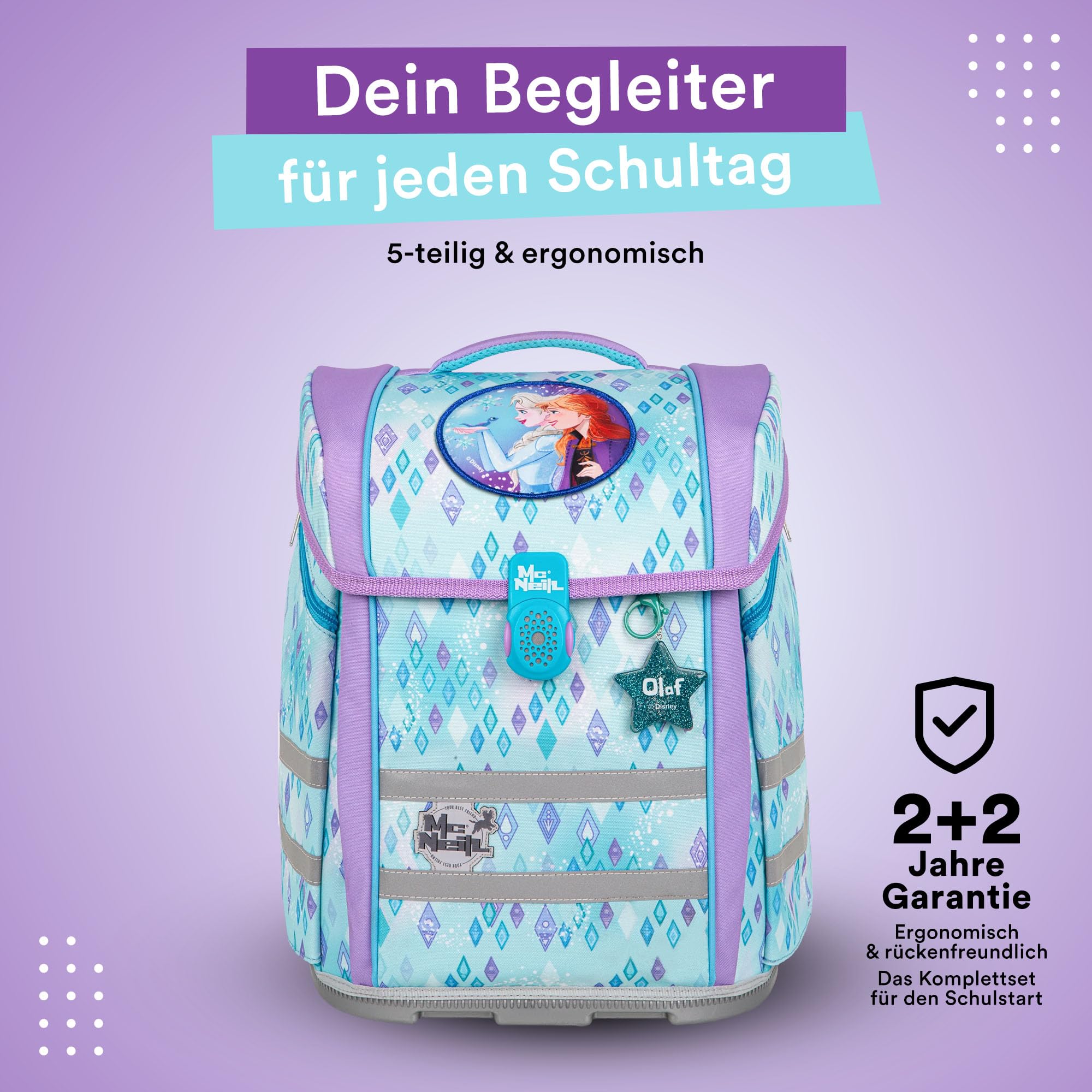 McNeill Frozen Perfecto SchulranzenSet 5-teilig – Ergonomischer Schulranzen mit gefülltem Federmäppchen, Sportbeutel & mehr im Disney Frozen Design – Reflektierend, mit Brust-& Beckengurt