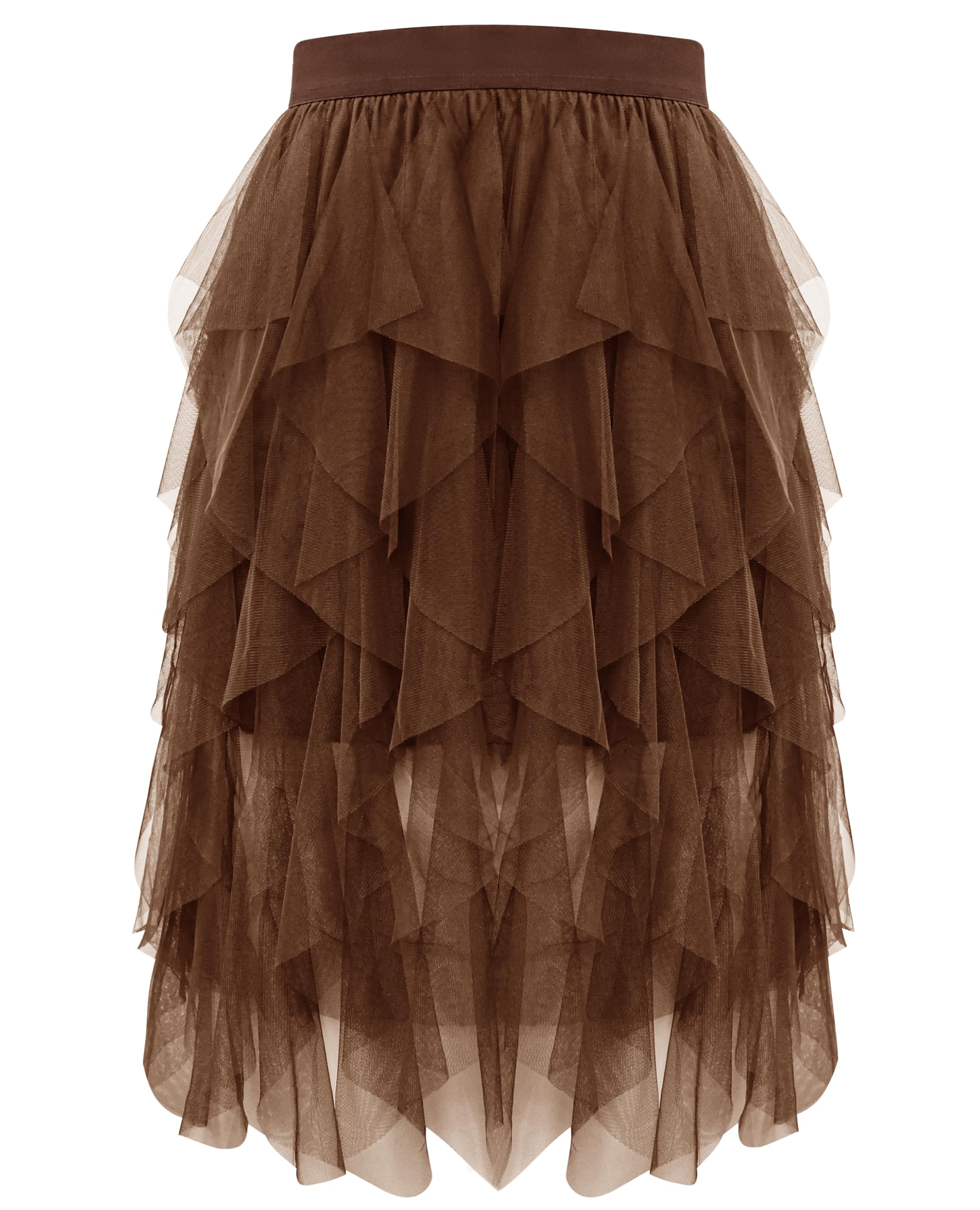 Wikoan Women's Tulle Skirt, High Waist Multilayer Mesh Irregular A-line Midi Skirt Tutu Skirts for Wedding Party Halloween Christmas Daily,Dark Brown,S/M