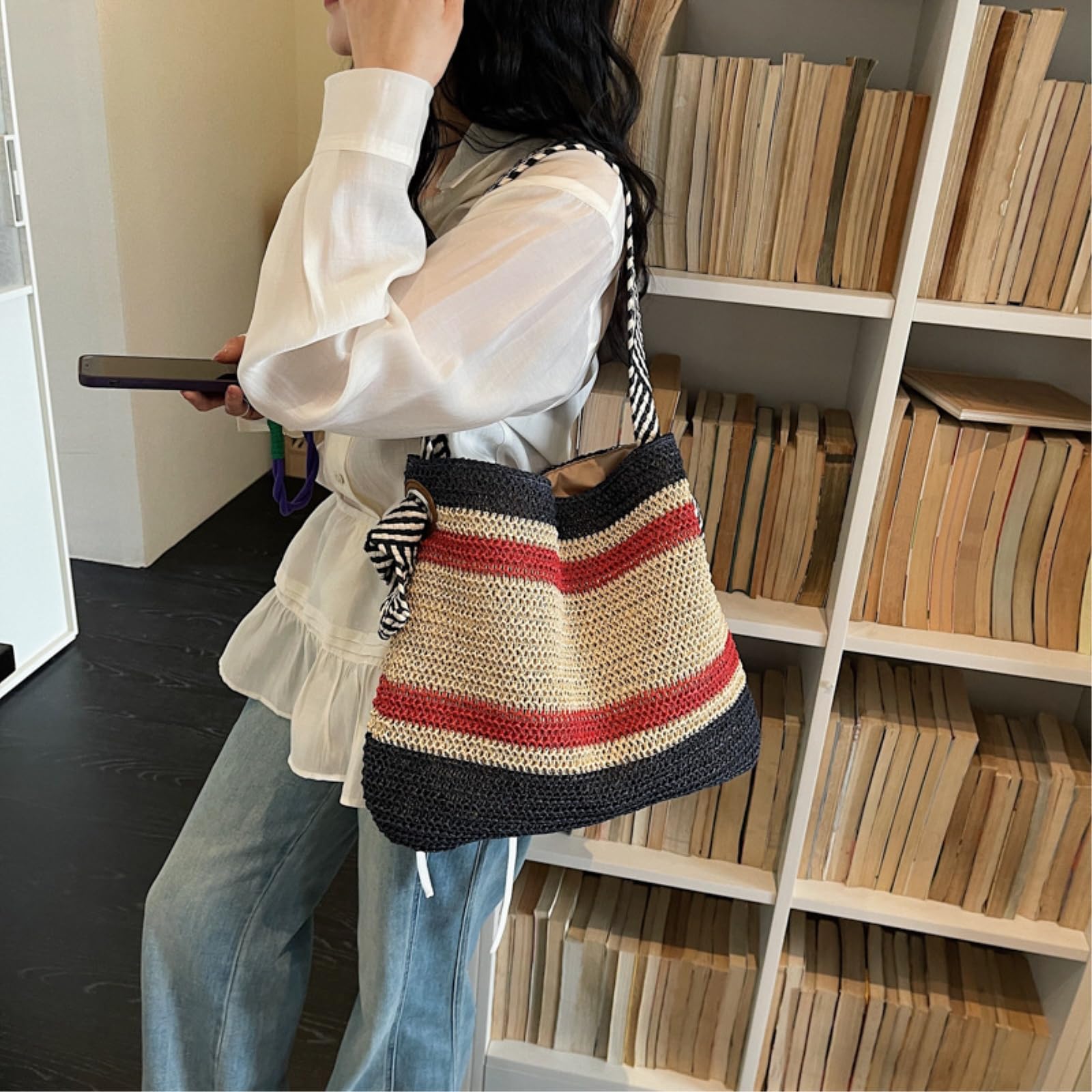 Borsa di Paglia Donna A Traccia Spiaggia Estiva, Tessuta Colorata, Grande capacità per Le Donne -Green