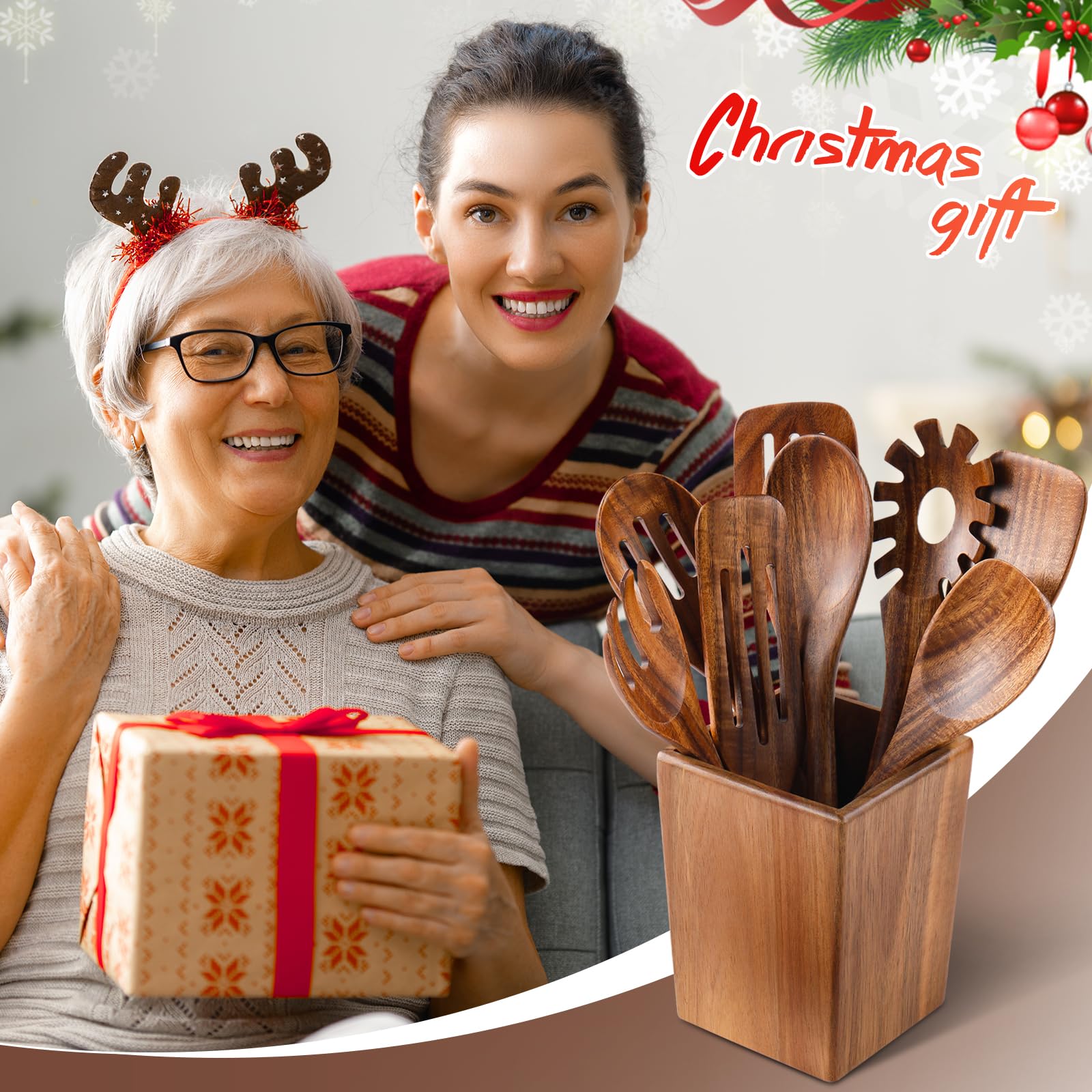 Holzlöffel zum Kochen, 11-teiliges Holz-Kochutensilien-Set mit Halter, Küchenhelfer aus natürlichem Akazienholz, antihaftbeschichtet, leicht zu reinigen, Küchenutensilien-Set für Mutter
