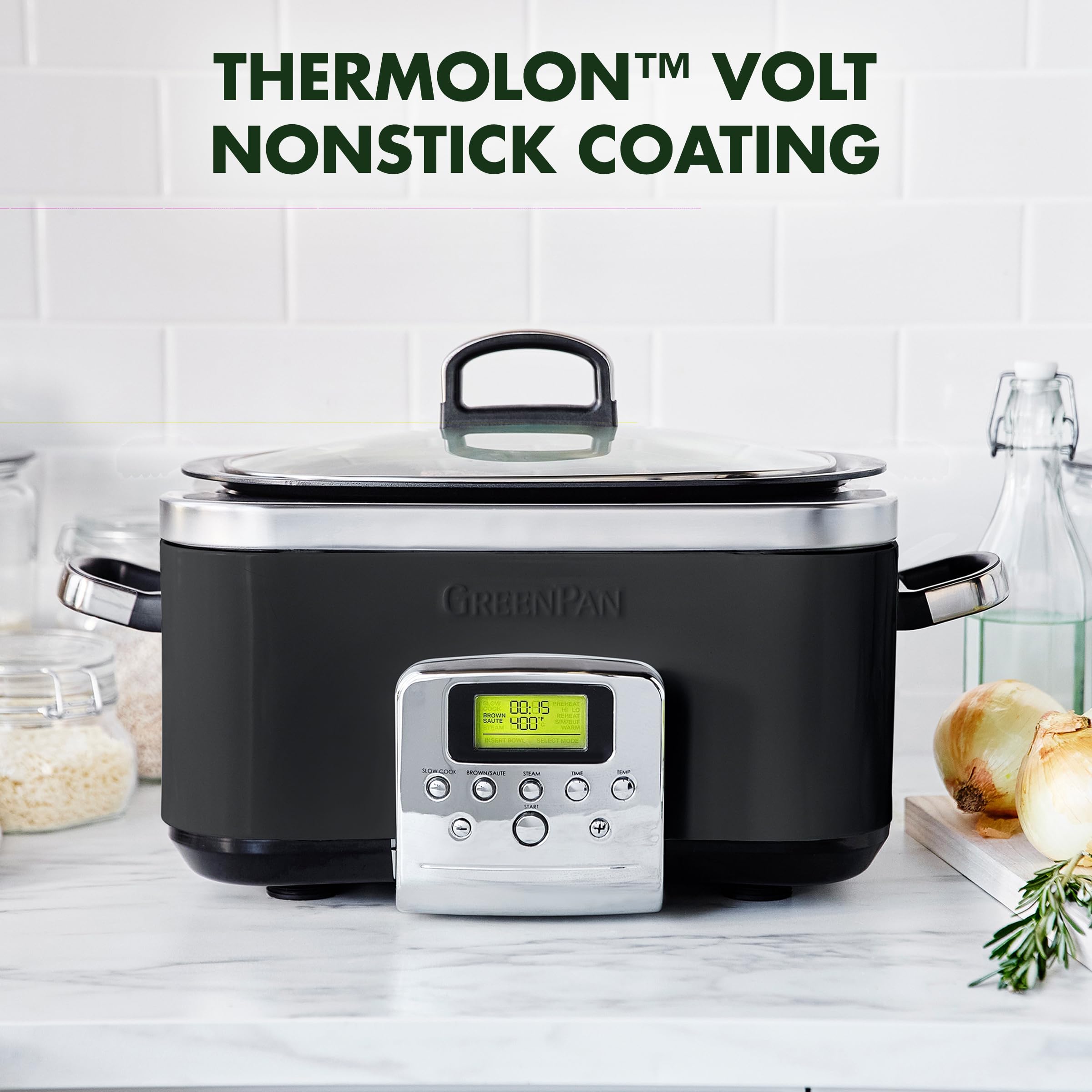 GreenPan Elite 8-in-1 Mijoteuse Programmable 6L, Couvercle et Plateau Amovible Lavable au Lave-Vaisselle, Céramique Non-Adhérente Saine Sans PFAS, Cuisson, Sauté, Panier Vapeur, Rôtissage, Noir