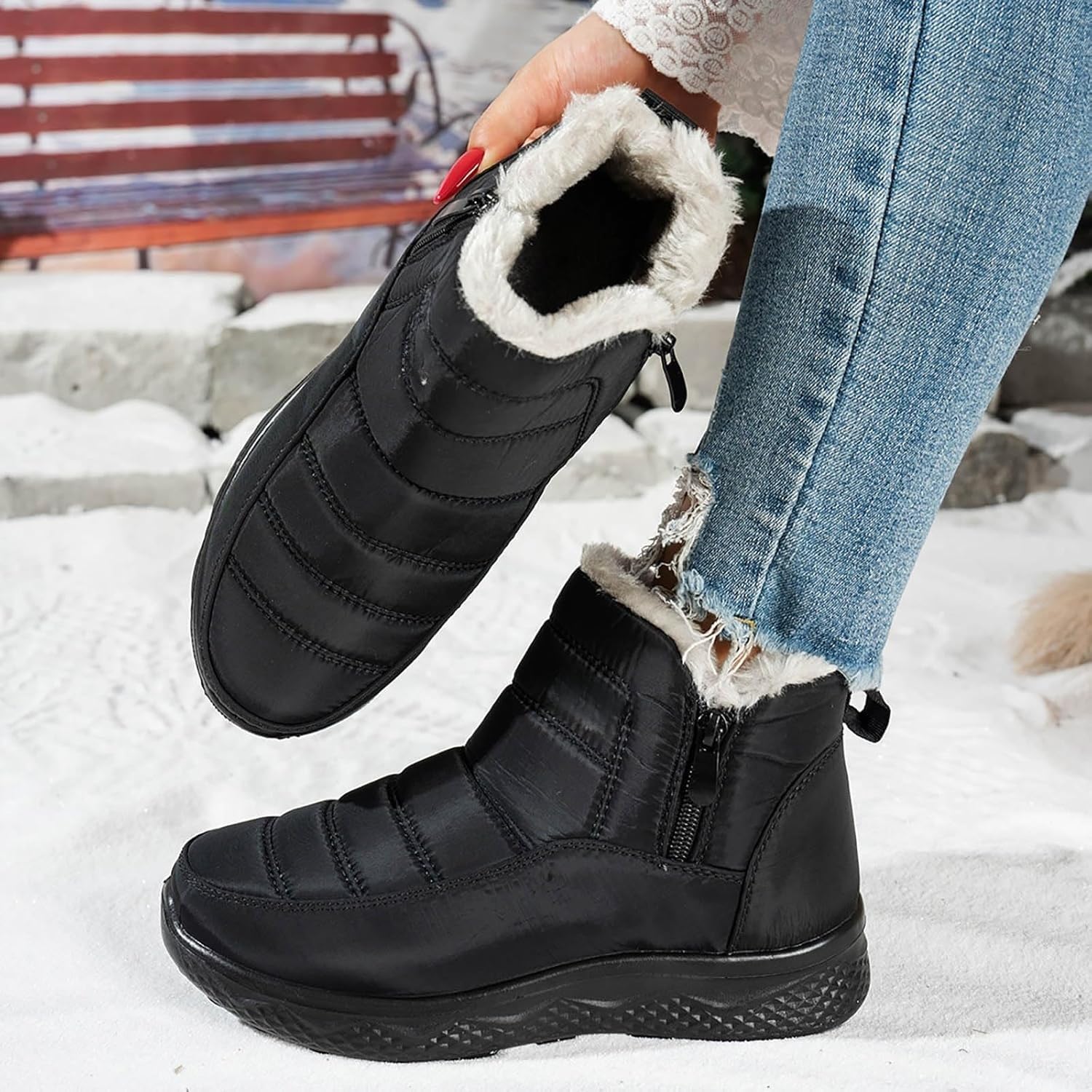 Winterstiefel für Damen, breite Breite, warm, mit Fell gefüttert, Schneestiefel, wasserdicht, zum Hineinschlüpfen, bequem, rutschfest, seitlicher Reißverschluss