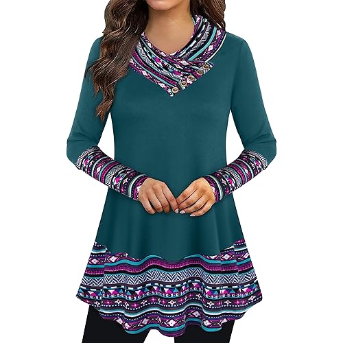 Cowl Neck Tunics Long Sleeve Patchwork Form Fitting Casual A-Line Top Blouse