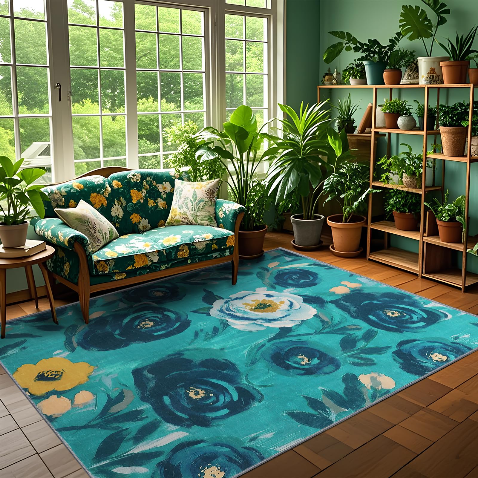 5x7 Camellia Floral Rugs, Modern Washable Flower Pattern Area Rug for Bedroom, Soft Large Non-Slip Kitchen Carpet Floor Door Mat for Living Room Dining Room Office - Teal