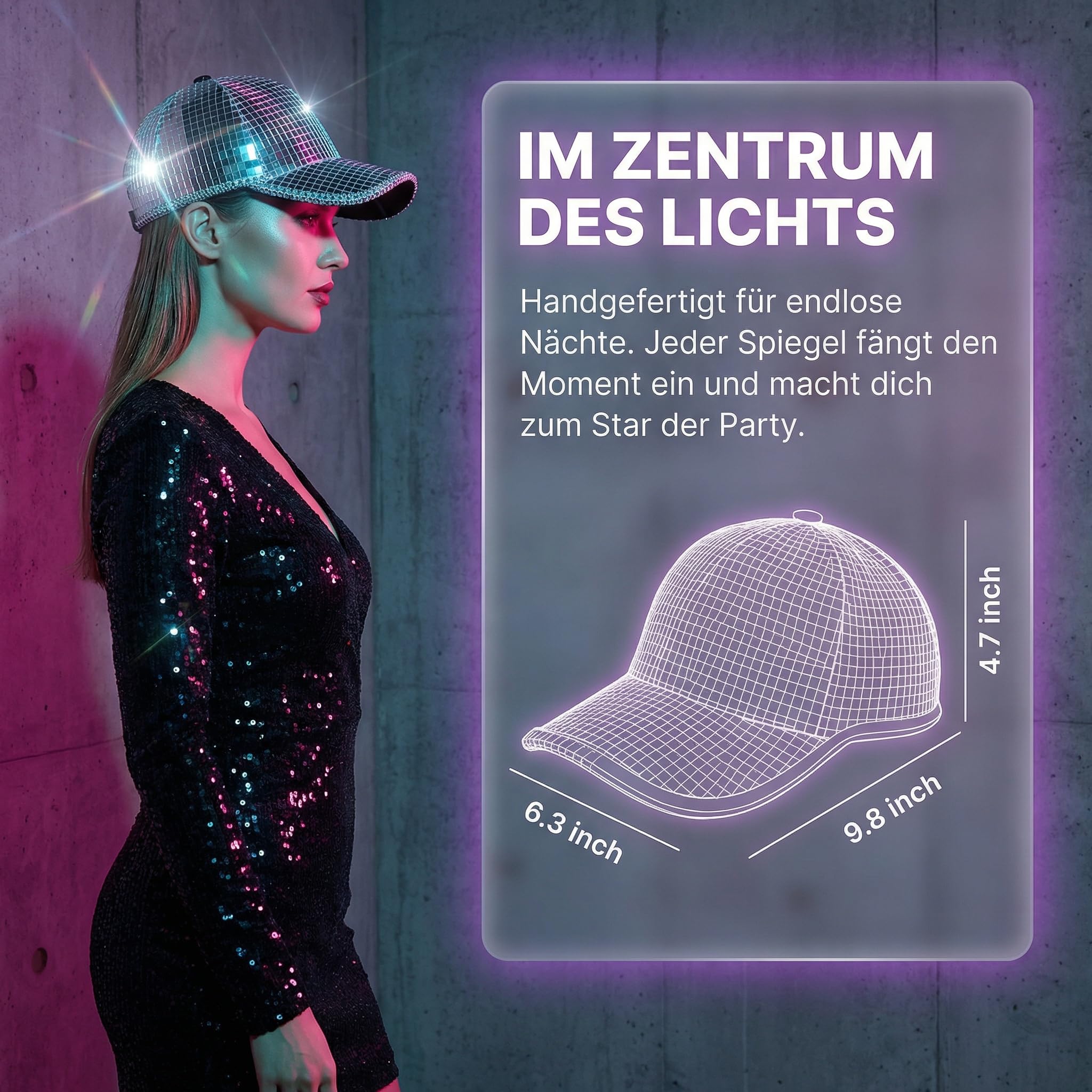 Faschingshut Damen mit starker Lichtreflexion für Karneval & Mottopartys, Pailletten Hut Damen mit Glaseinsätzen zur Lichtreflexion, Glitzer Hut Herren perfekt für Bars & Nachtclubs zum Hervorstechen