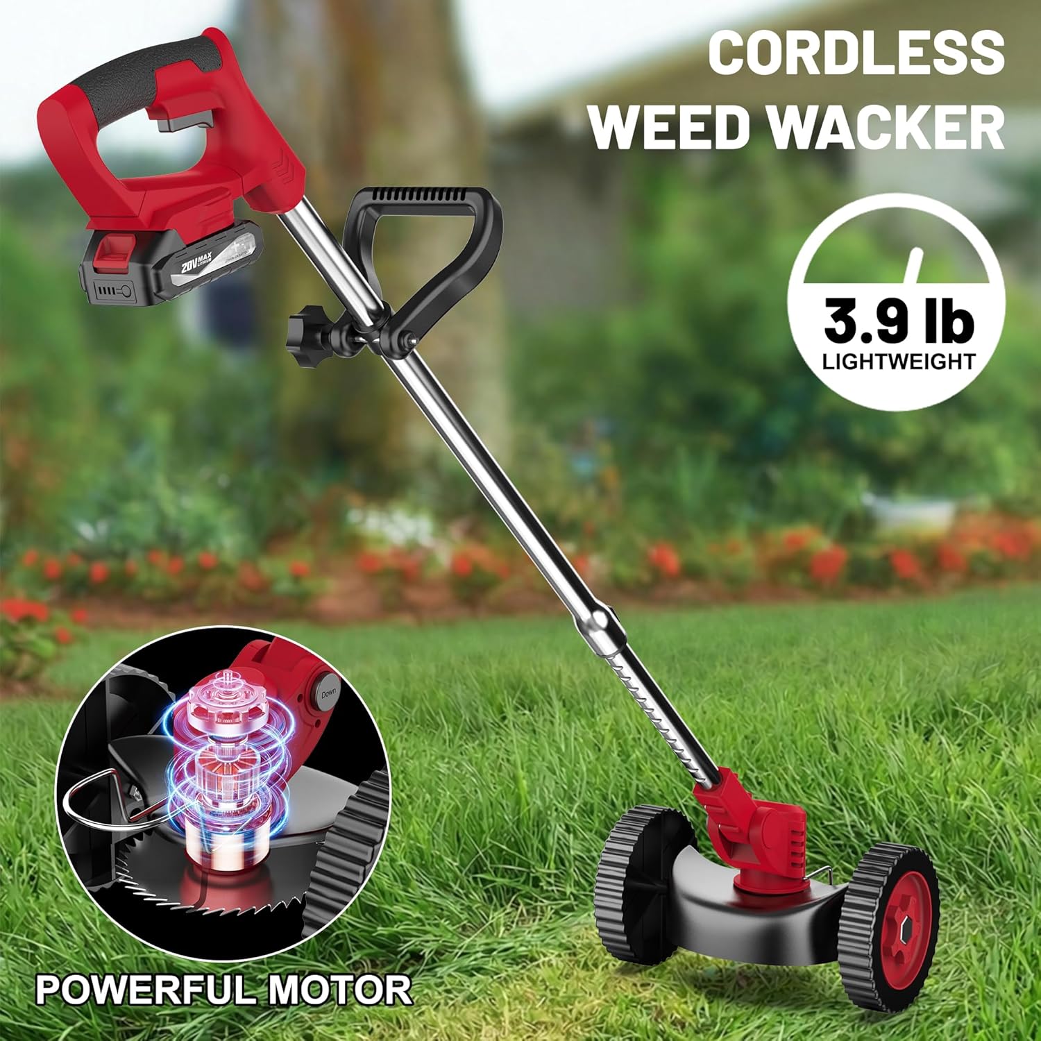 MGYM Cordless Weed Wacker, 20V Electric String Trimmer with 2x2.0Ah Batteries and Charger, Adjustable Pole Weed Wacker with Wheel for Lawn, Yard, Garden Grass Cutter(Red)