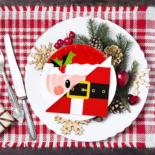 Miniatura 3 de Whaline Juego de 90 piezas de suministros para fiesta de Navidad, platos de papel con patrón de Papá Noel de 9 pulgadas y cinturones de Papá Noel,
