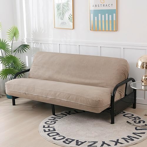 OctoRose Full Size 54x75x8 inch 3 Side Zipper Classic Soft Micro Suede Futon Cover Sofa Daybed Mattress Slipcover (Waterproof-Tan, Full Size)