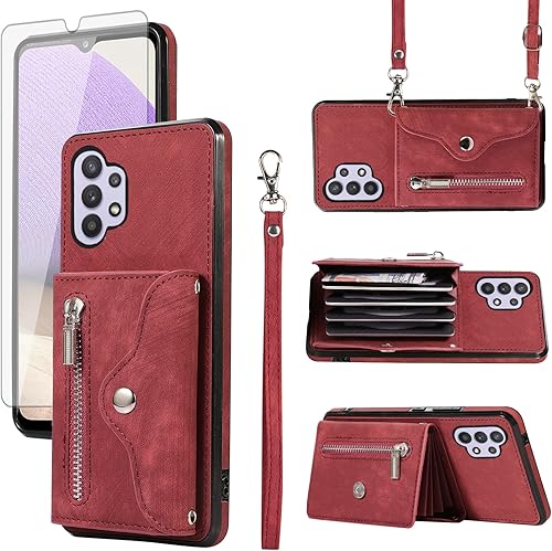 Miniatura 1 de Funda de teléfono para Samsung Galaxy A32 5G 2021 de 6.5 pulgadas con correa cruzada para muñeca, cordón, soporte para tarjeta de crédito,