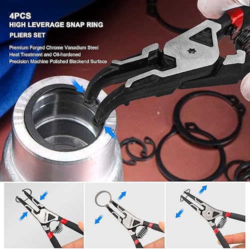 Miniatura 3 de HAUTMEC Juego de 4 alicates de anillo de presión de alto apalancamiento, alicates de clip interno y externo de 7 pulgadas, alicates de anillo de