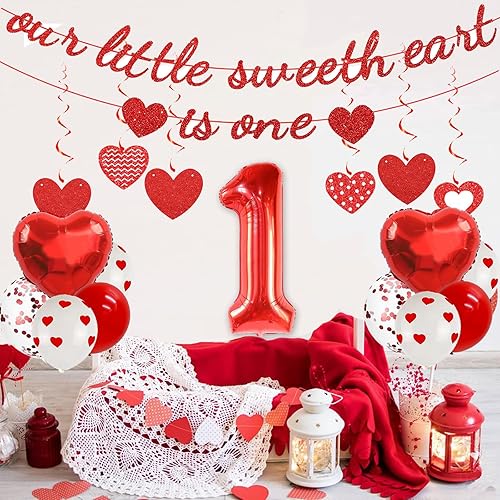 Miniatura 4 de Decoraciones de fiesta de San Valentín para el primer cumpleaños, Our Little Sweetheart is One Banner con forma de corazón rojo, 1 globo de aluminio