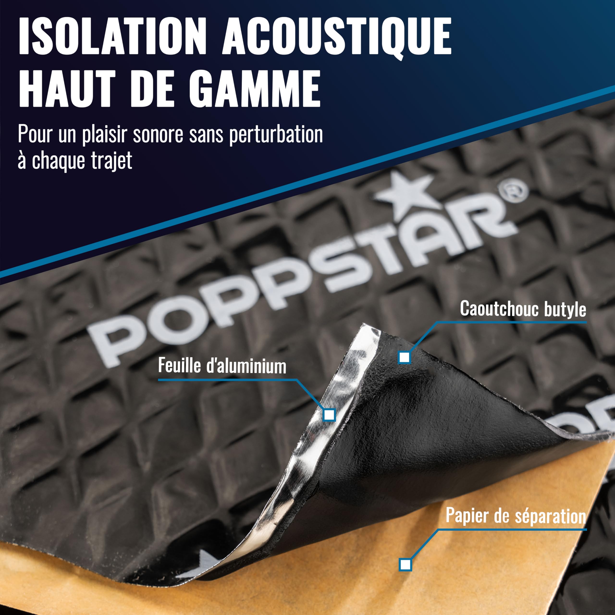 Poppstar Alubutyl Isolant phonique voiture autocollant (tapis d’isolation 2 mm, 17 pièces de 40 x 25 cm (1,7 m²)), noir