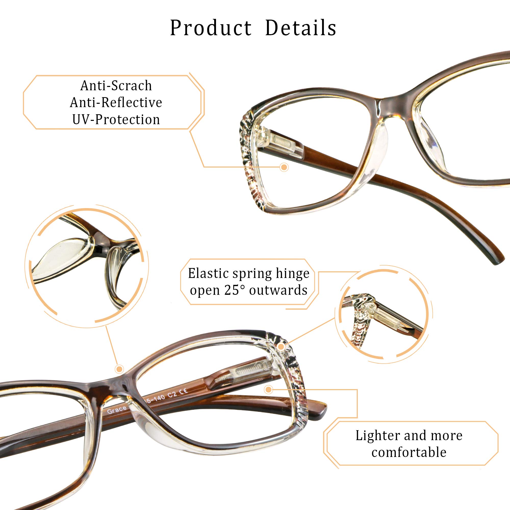 LifeArt 5 Pairs Reading Glasses, Blue Light Blocking Glasses, Computer Reading Glasses for Men and Women, Fashion Eyewear Frame (5 Brown, +2.25 Magnification)