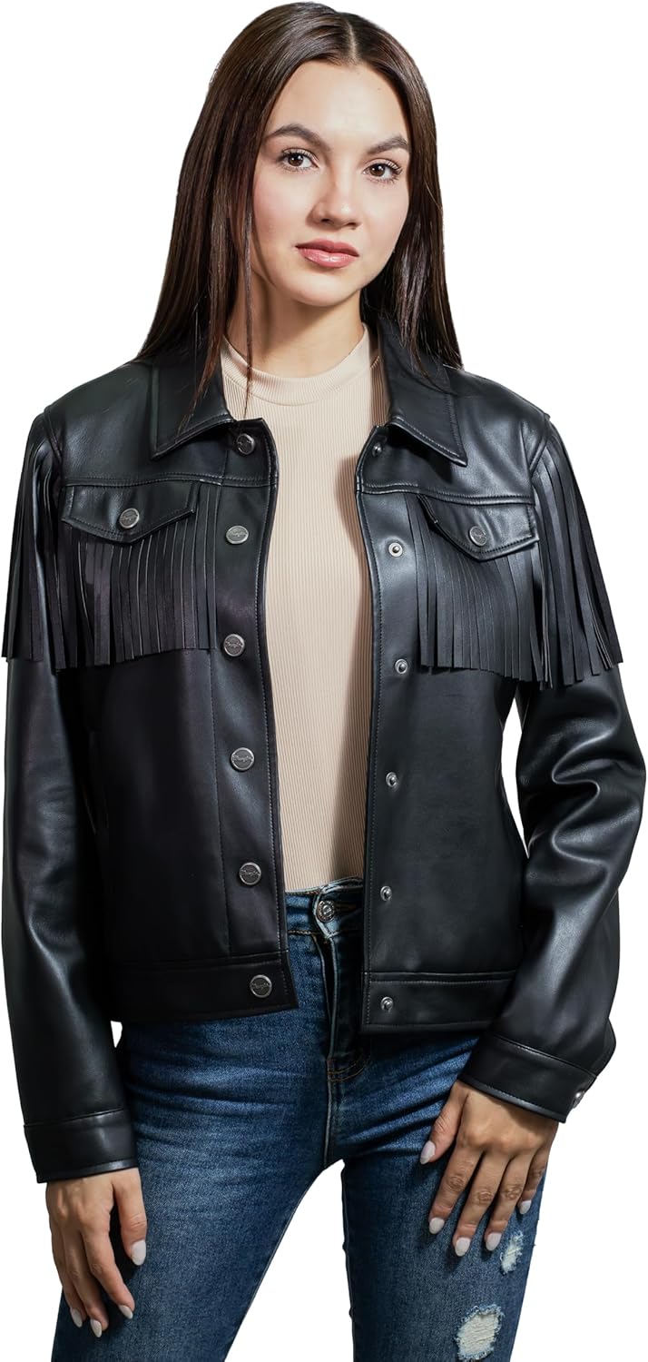 Wrangler Women’s Faux Leather Fringe Trucker Jacket Black.