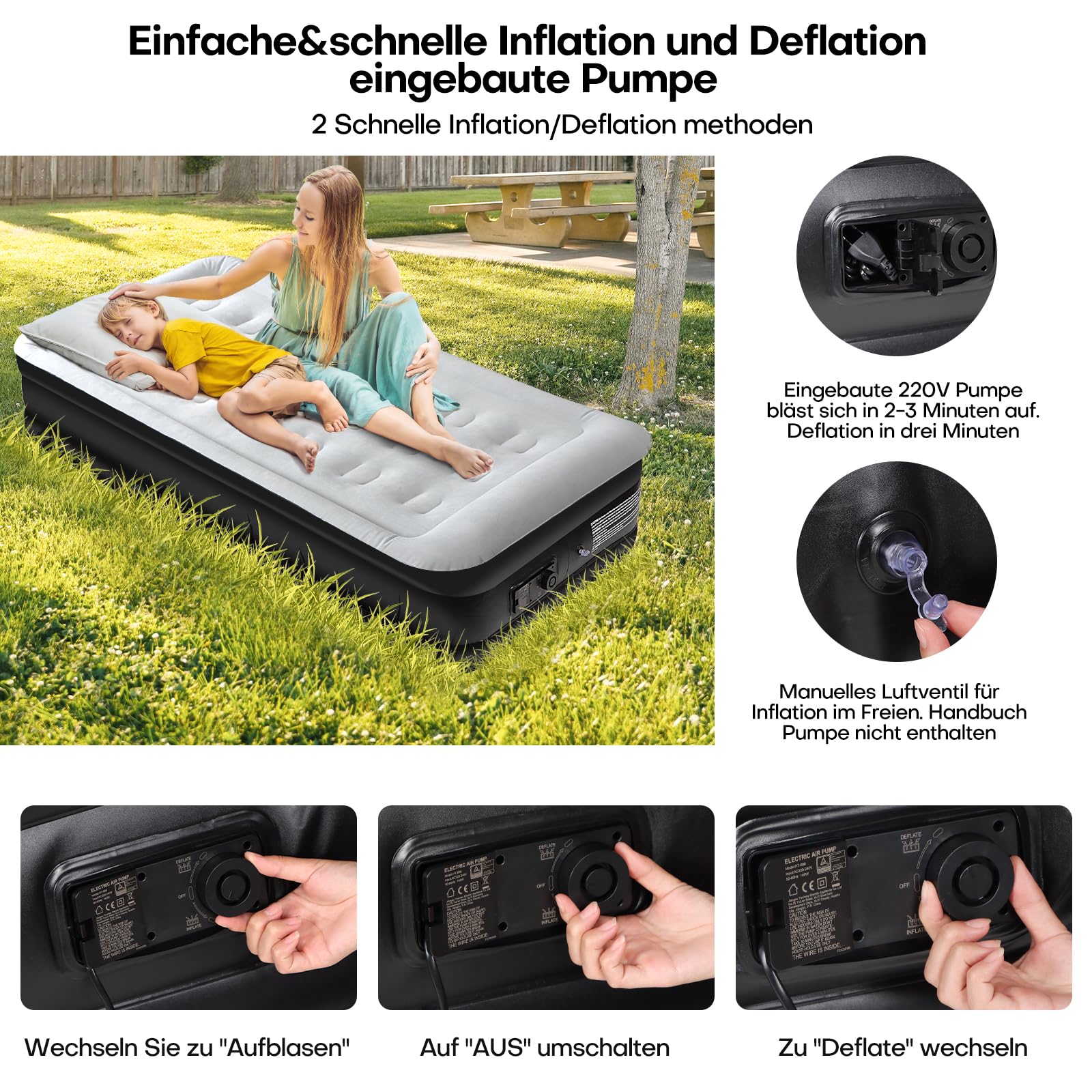 Panana Luftbett 1 Person mit integrierter Pumpe, Einzel Luftmatratze aufblasbar 196 x 97 x 47 cm, Gästebett mit beflockter Oberseite, PVC Luftbett mit Tragetasche für Zuhause Camping Gästezimmer