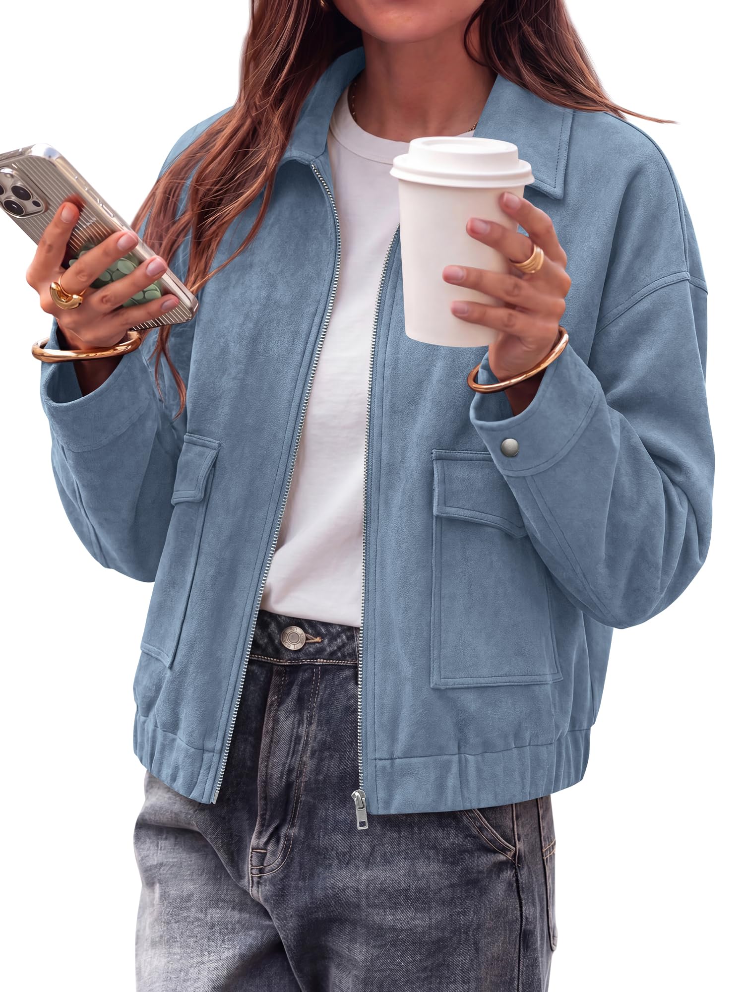 KIRUNDO Womens Faux Suede Jacket Zip Up Cropped Bomber Coats Large Blue Grey