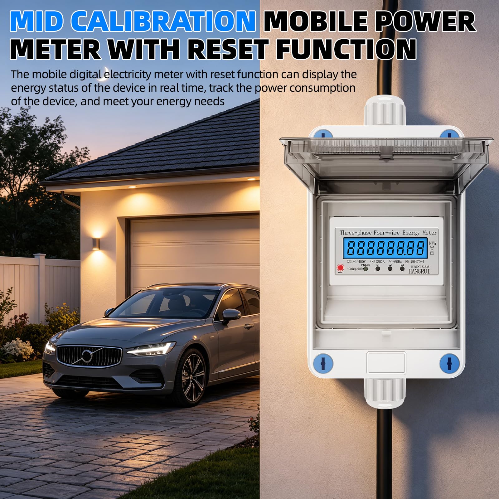 Contador Eléctrico Portátil 3 Fases 16A 400V, con Reset, Enchufe CEE | Contador Digital Trifásico, IP65 Contador Intermedio, para Camping Autocaravana Coche Eléctrico, Cable 2m 5 Polos