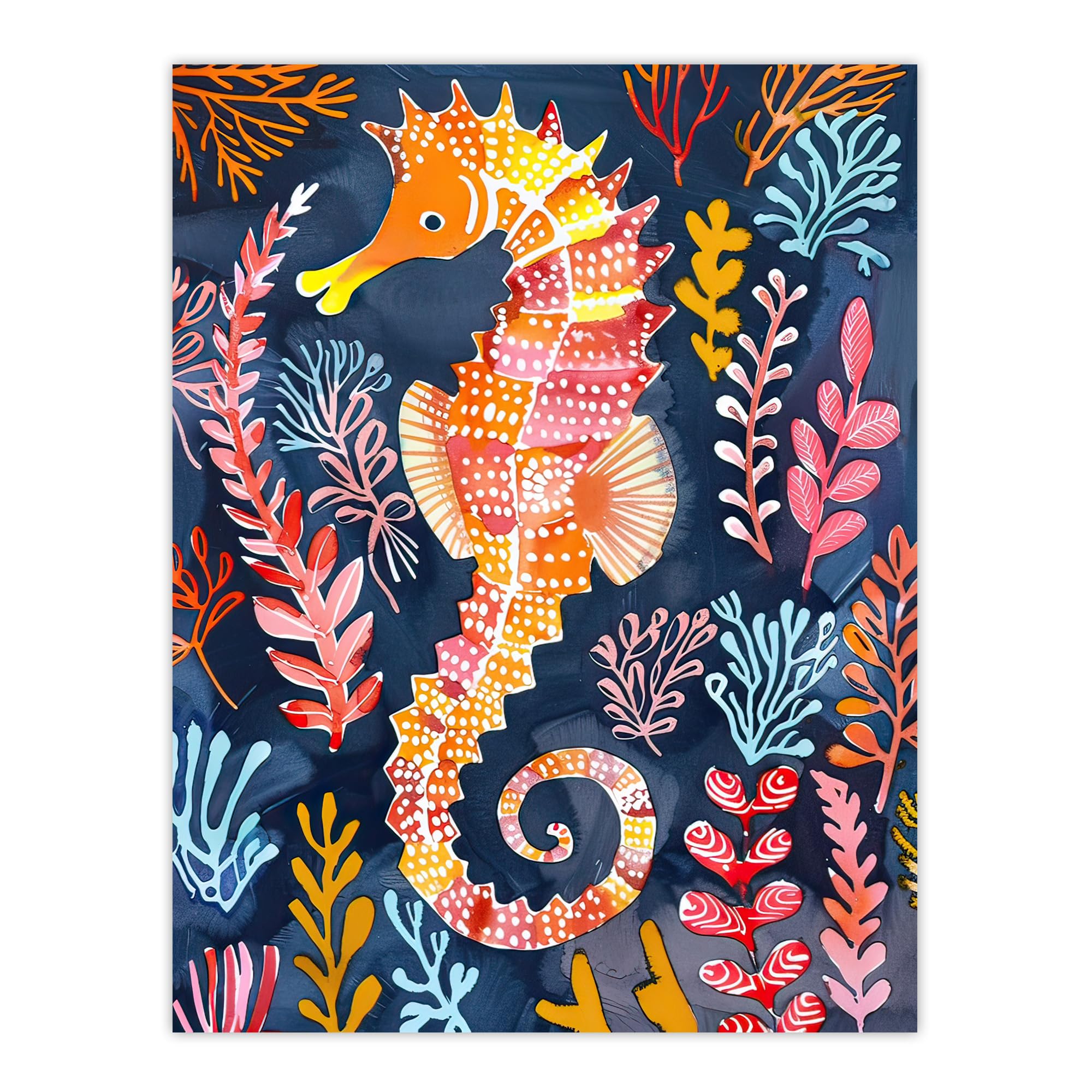 Artery8 Vibrant Seahorse Colourful Coral Reef Folk Art Bathroom Toilet Extra Large XL Wall Art Poster Print