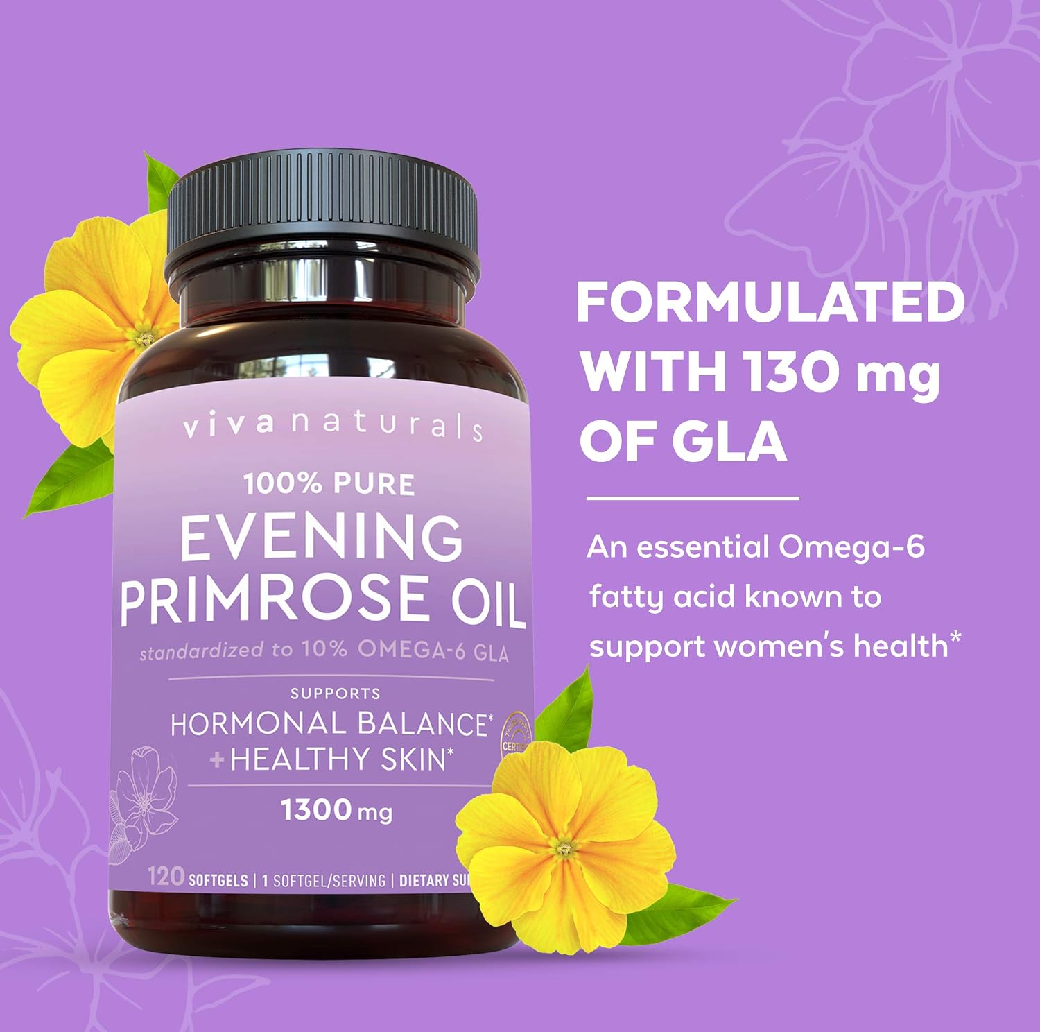 Evening Primrose Oil Capsules with GLA (1300 mg), Helps Support Hormone Balance for Women, Cold-Pressed, Gluten-Free & Non-GMO, 120 Softgels