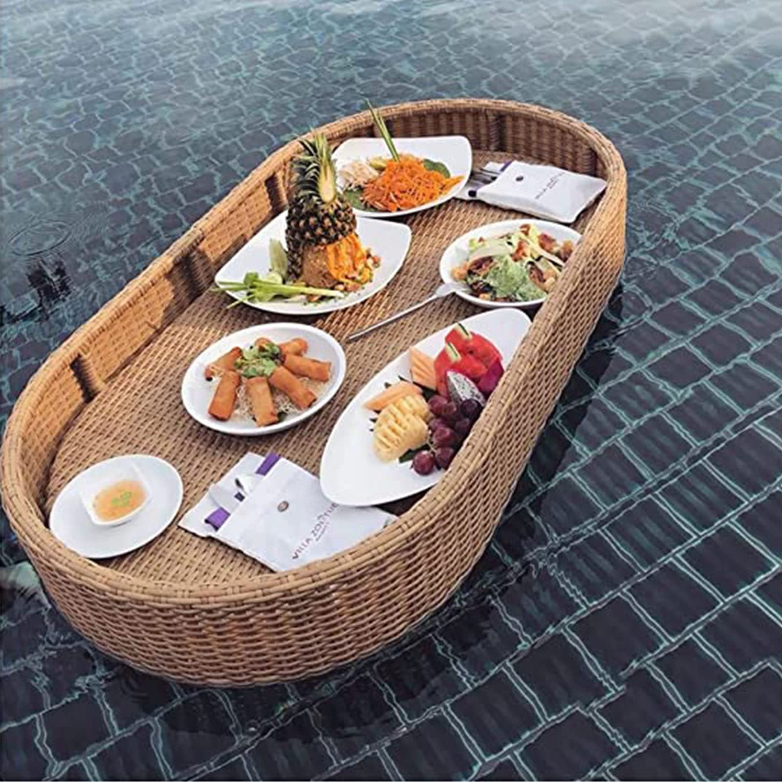 Rattanowa owalna pływająca taca, ręcznie wykonany, starannie tkany rattanowy kosz do serwowania stołu i baru na ławice, spa, kąpiele i imprezy, serwowanie napojów, brunch, jedzenie na wodzie