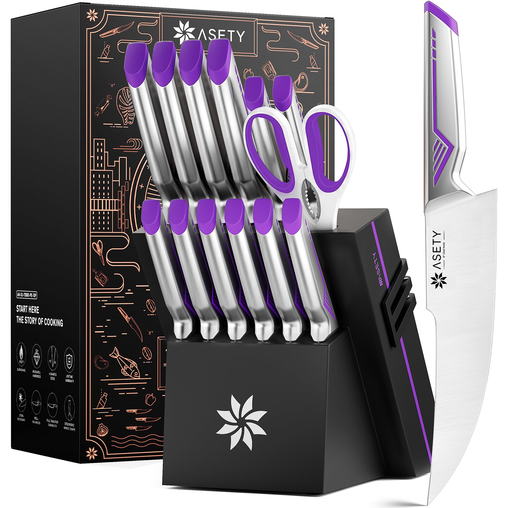 ASETY Kitchen Knife Set, 15 PCS One-Piece Stainless Steel Knife Block Set