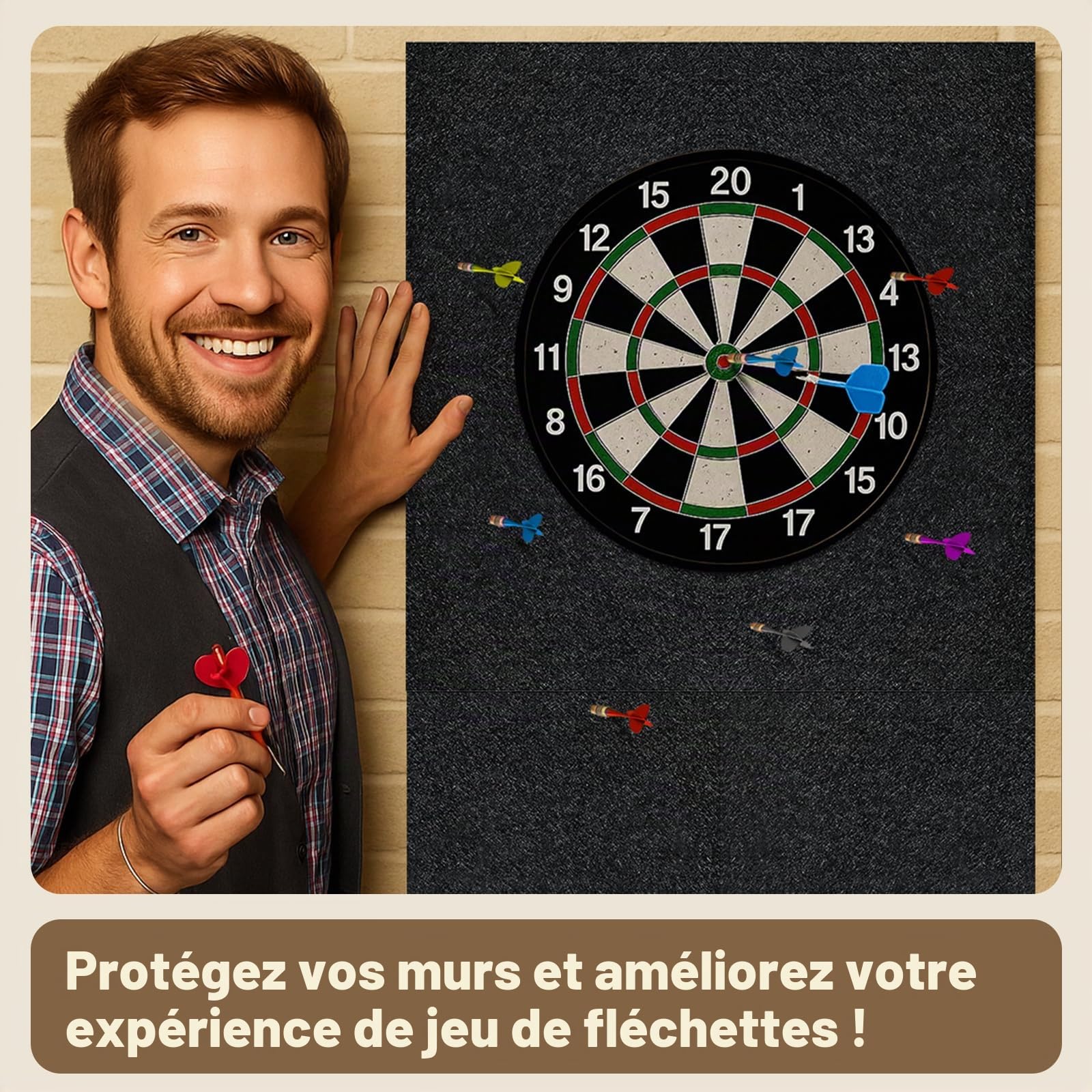 Protège Mur pour Fléchettes 30x30x1.2cm Feutre Haute Densité Autocollant Installation Facile Bouclier de Protection Renforcé pour Cible Fléchettes Garçonnière,Fête, Bar, Salle de Jeux