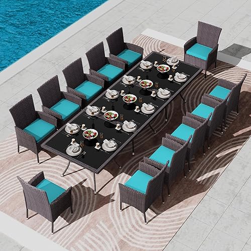 Miniatura 7 de Kullavik Juego de 15 muebles de comedor para exteriores, juego de muebles de ratán para patio, mesa de comedor y sillas con 12 sillas y cojines,