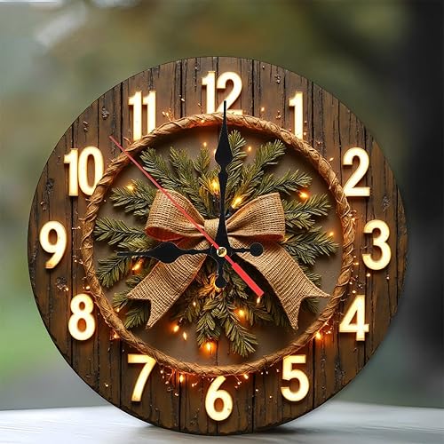 Miniatura 2 de Illuminated Bow & Pine Wreath Wooden Wall Clock 25x25cm
