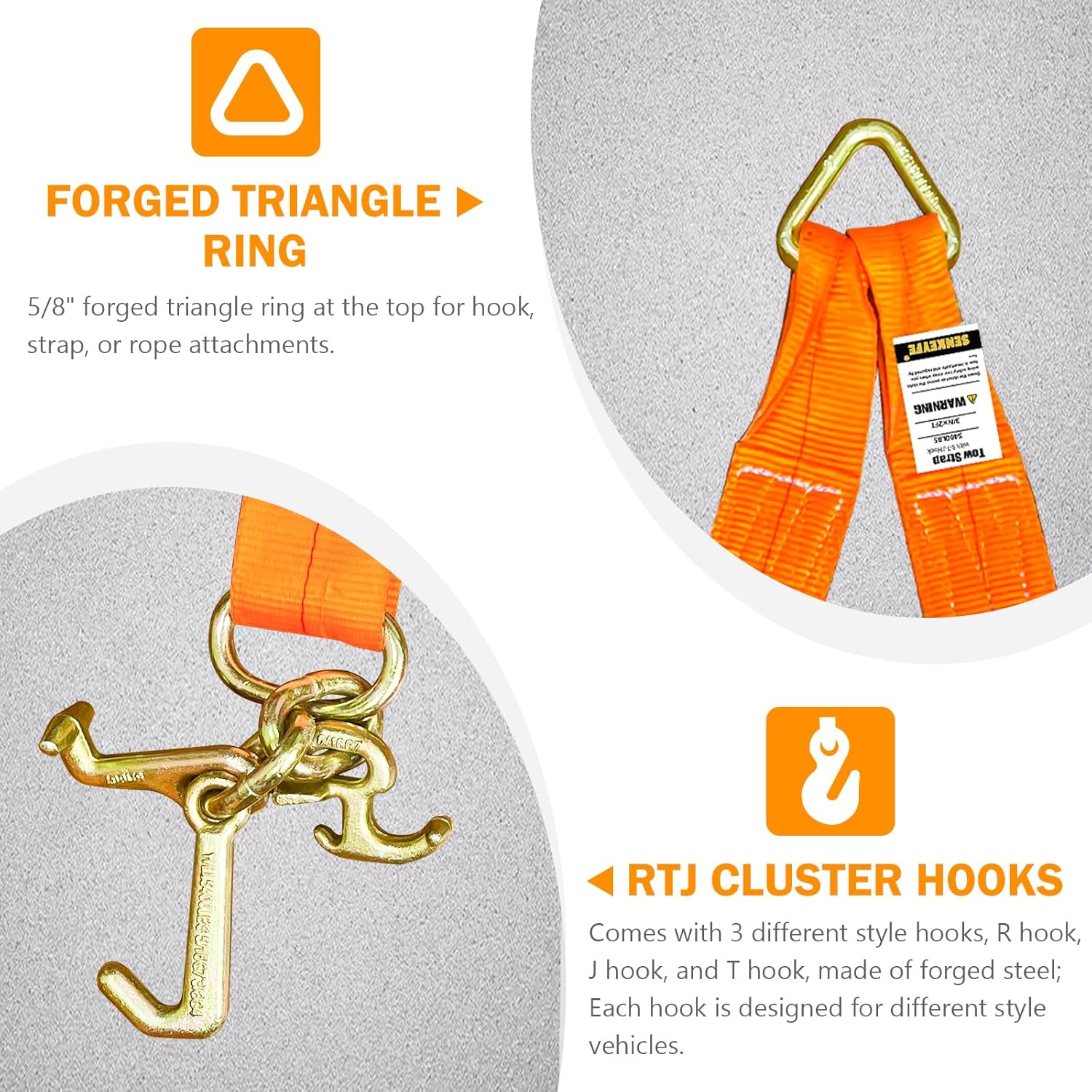 Tow Straps V Bridle, 3" x 24" Recovery V-Strap with RTJ Cluster Hooks, 5400LBS RT Compact J Hook Recovery Bridle, Towing Strap with Hook for Wrecker, Rollback, Car Hauler