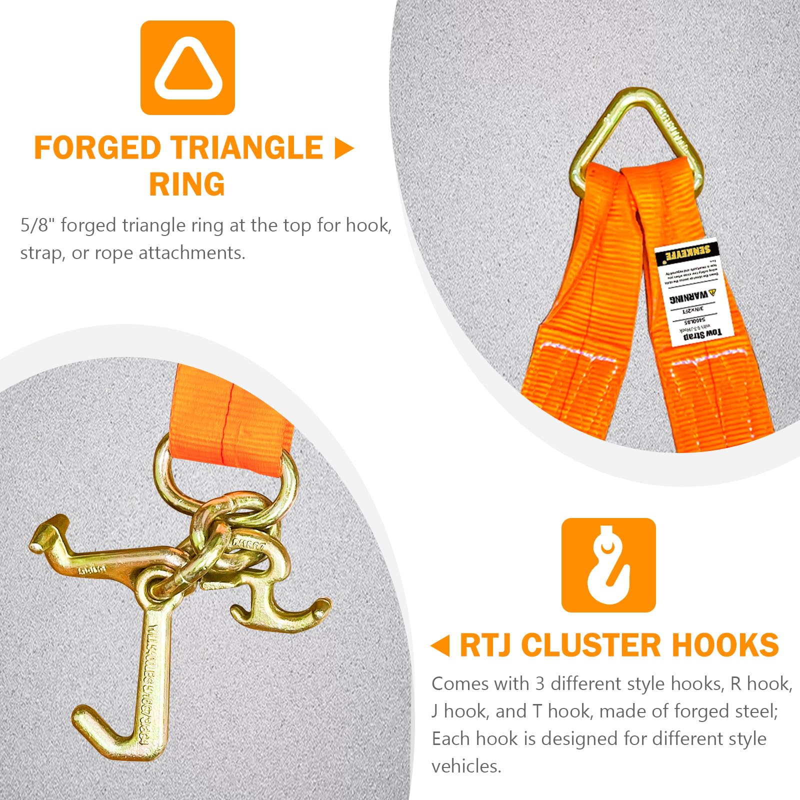 Abschleppgurte V Trense, 7,6 x 61 cm, Recovery V-Strap mit RTJ Cluster Haken, 2,449.4 kg RT Compact J Hook Recovery Trense, Abschleppgurt mit Haken für Wrecker, Rollback, Autotransporter