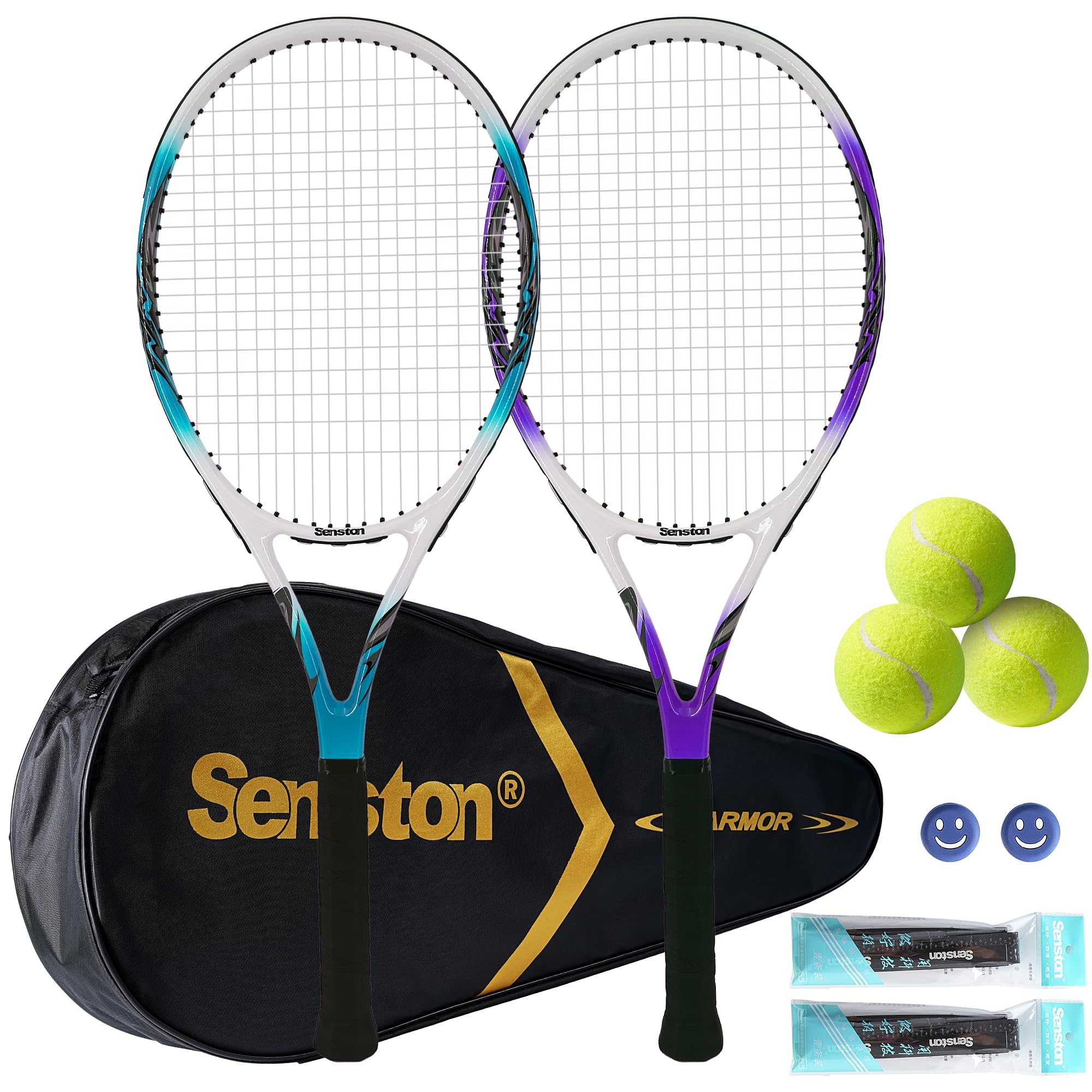 Senston Tennis Rackets for Adults 27 inch - 2 Player Tennis Racquets Set with 2 Grips, 2 Vibration Dampers, (Blue+Purple)