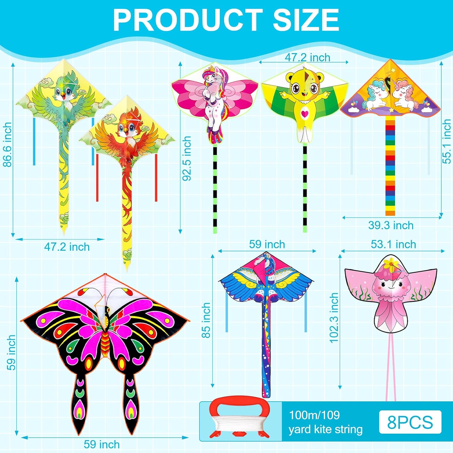 8 Pack Kites for Kids Large Unicorn Cute Bird Butterfly Bear Jellyfish Kite Easy to Fly with 8 Pcs 109 Yard Nylon String Spool for Children Adults Beach Spring Outdoor Games
