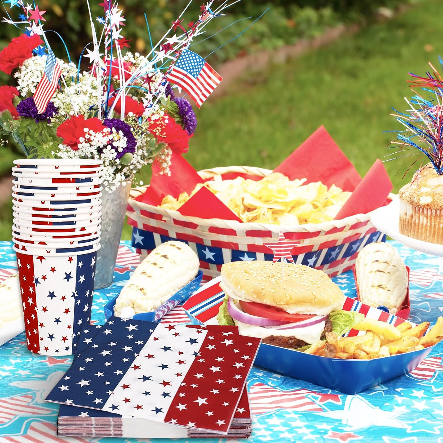 Whaline 96Pcs Patriotic Party Tableware Set with Paper Plate Napkin Cup Red White Blue Star 4th of July Disposable Dinnerware for 24 Guests 250th Anniversary Independence Day Party Table Decor
