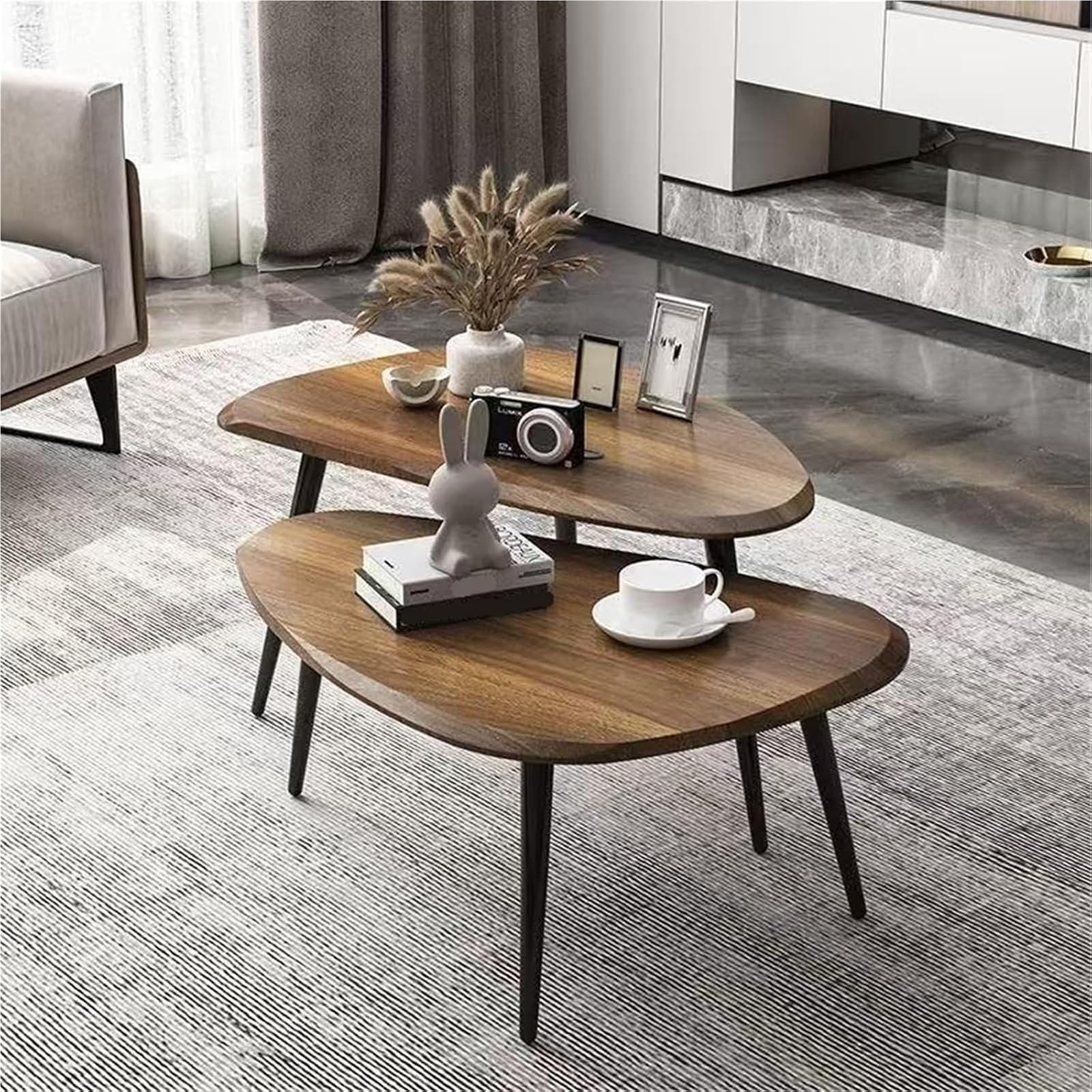 Set Di 2 Tavolini Da Caffè Impilabili, Tavolini Moderni In Legno | Tavolino da divano multifunzionale con robuste gambe in acciaio al carbonio per soggiorno e camera da letto(black)