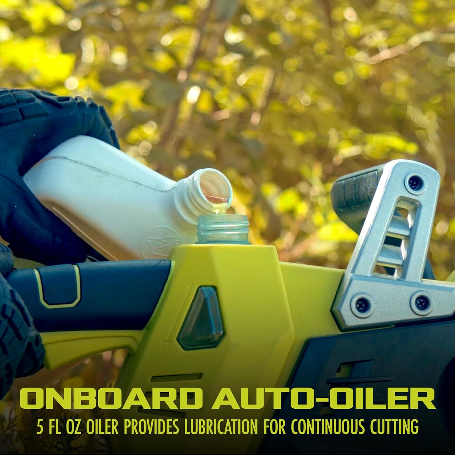 Hand pouring oil into the onboard oiler of the Sun Joe chainsaw, with 'ONBOARD AUTO-OILER' text overlay.