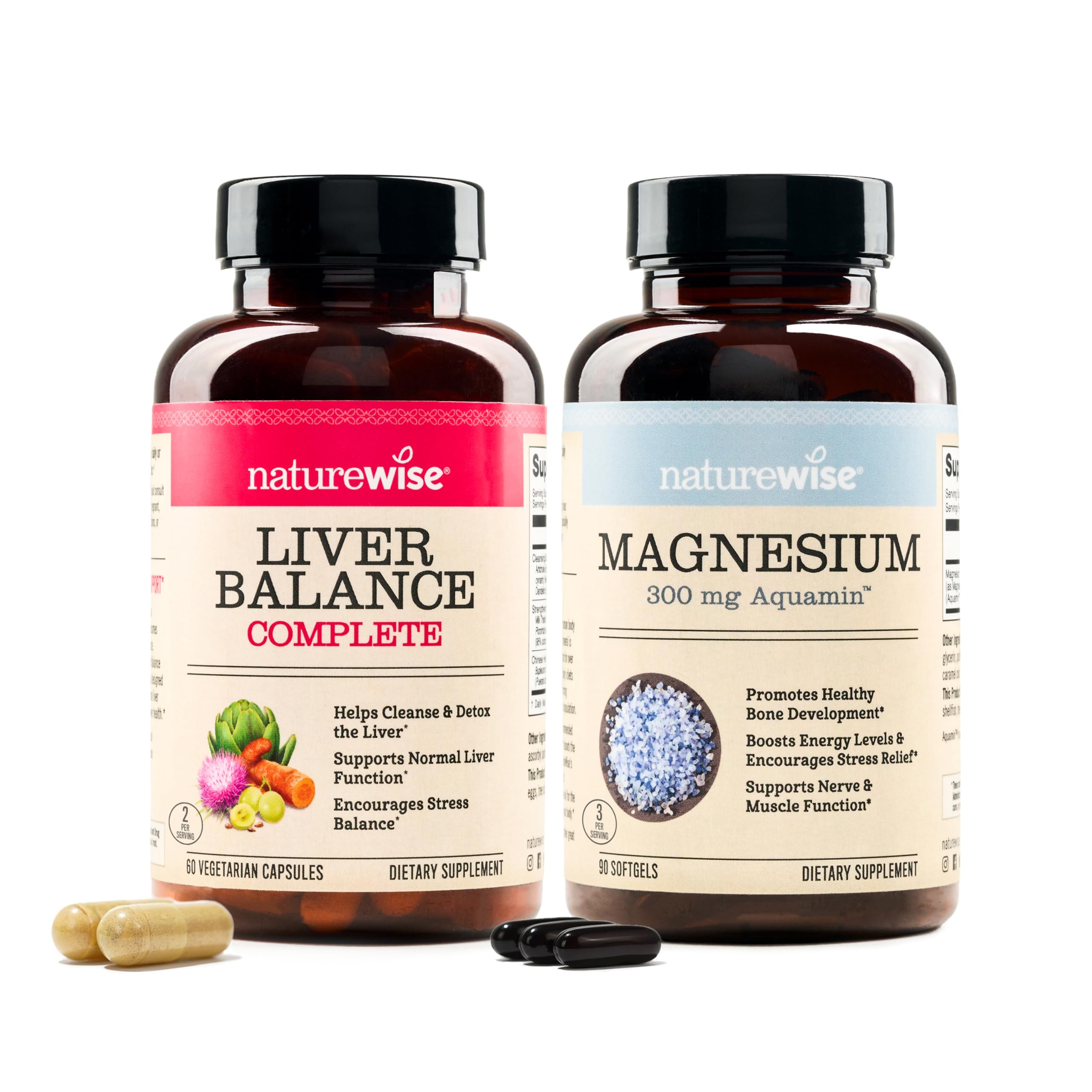 NatureWise [1] Liver Balance - Milk Thistle, Dandelion, Turmeric - 60 Capsules[30-Day Supply] + [1] Marine Magnesium 300mg - Naturally Sourced Non-GMO - 90 Soft