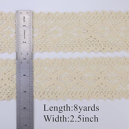 Miniatura 2 de Cinta de encaje beige de 8 yardas con ribete de encaje de ganchillo extra ancha de algodón para manualidades, envoltura de paquetes de regalo,