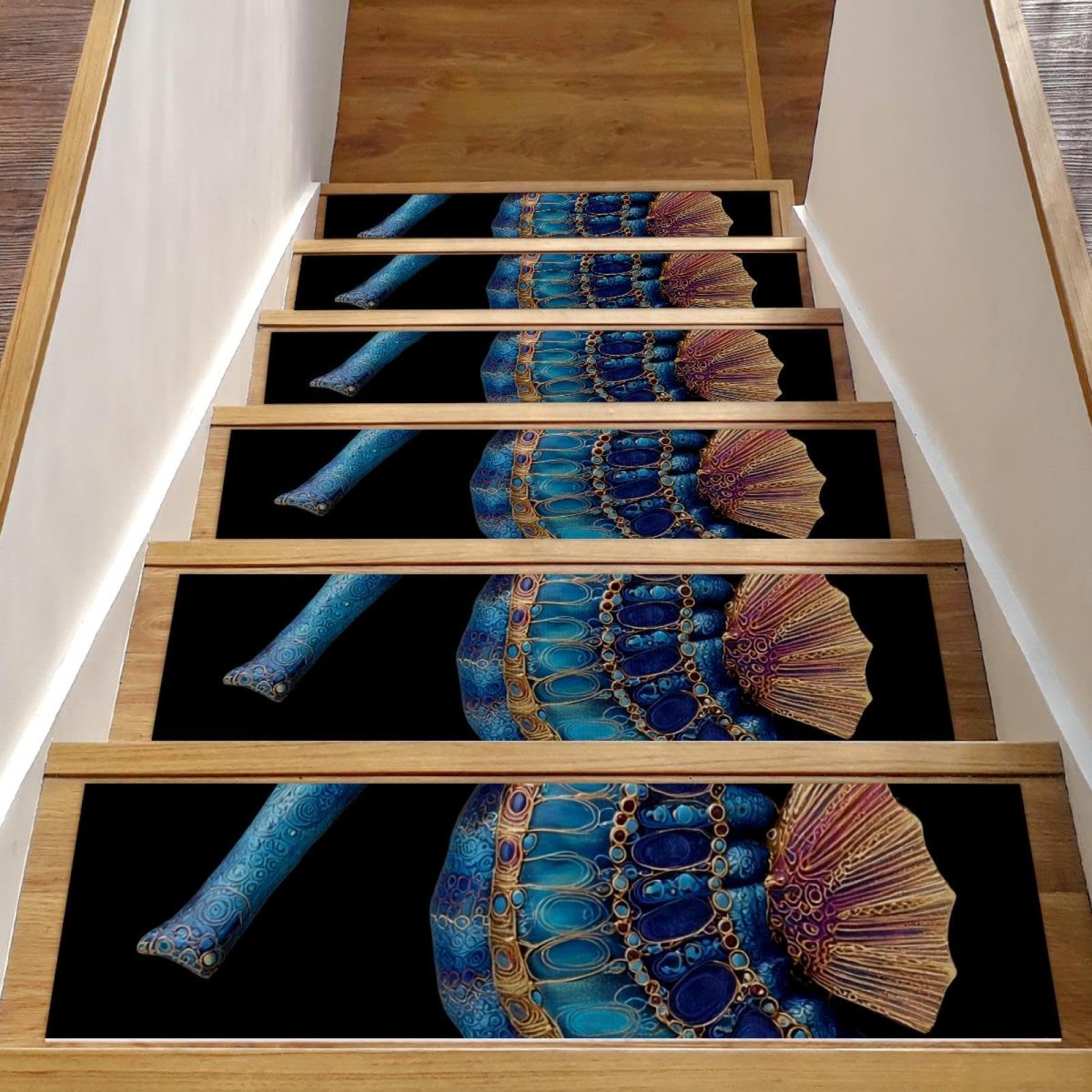 Tapis d'escalier antidérapant lot de 15 marches bleues en bois 20x76 cm