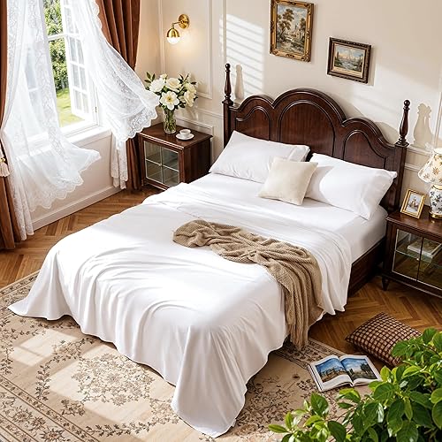 LBRO2M 100% Cotton Sheets Set Deep Pocket 19", 1000 Thread Count Queen Size 4 Piece Bed Sheet Sets Soft Comfortable Bedding All Season (Queen, White)