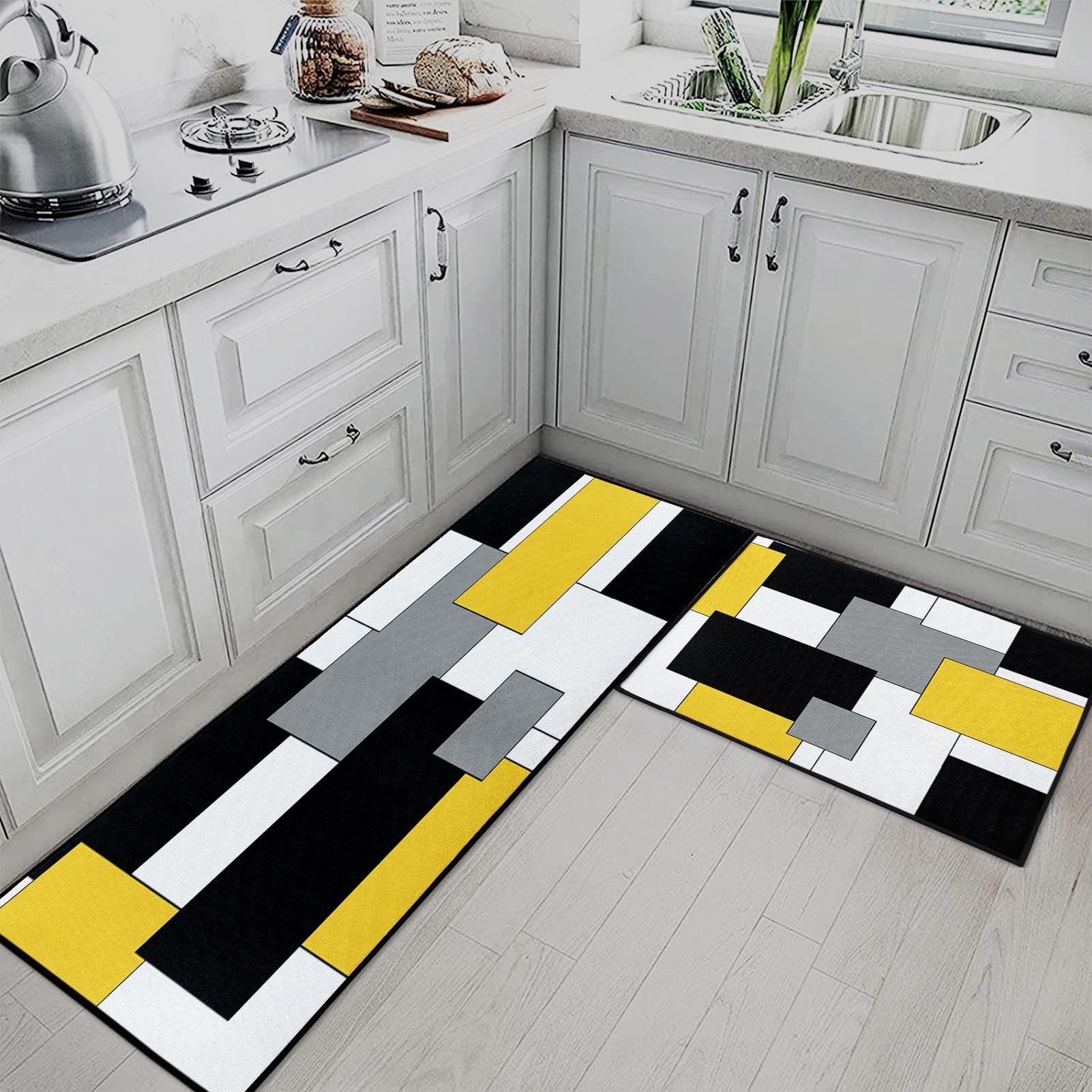 Tayney Yellow Geometric Kitchen Rugs and Mats Non Skid Washable Set of 2, Checked Black Grey Mats for Floor, Rustic Minimalist Runner Rug Modern Abstract Kitchen Decor