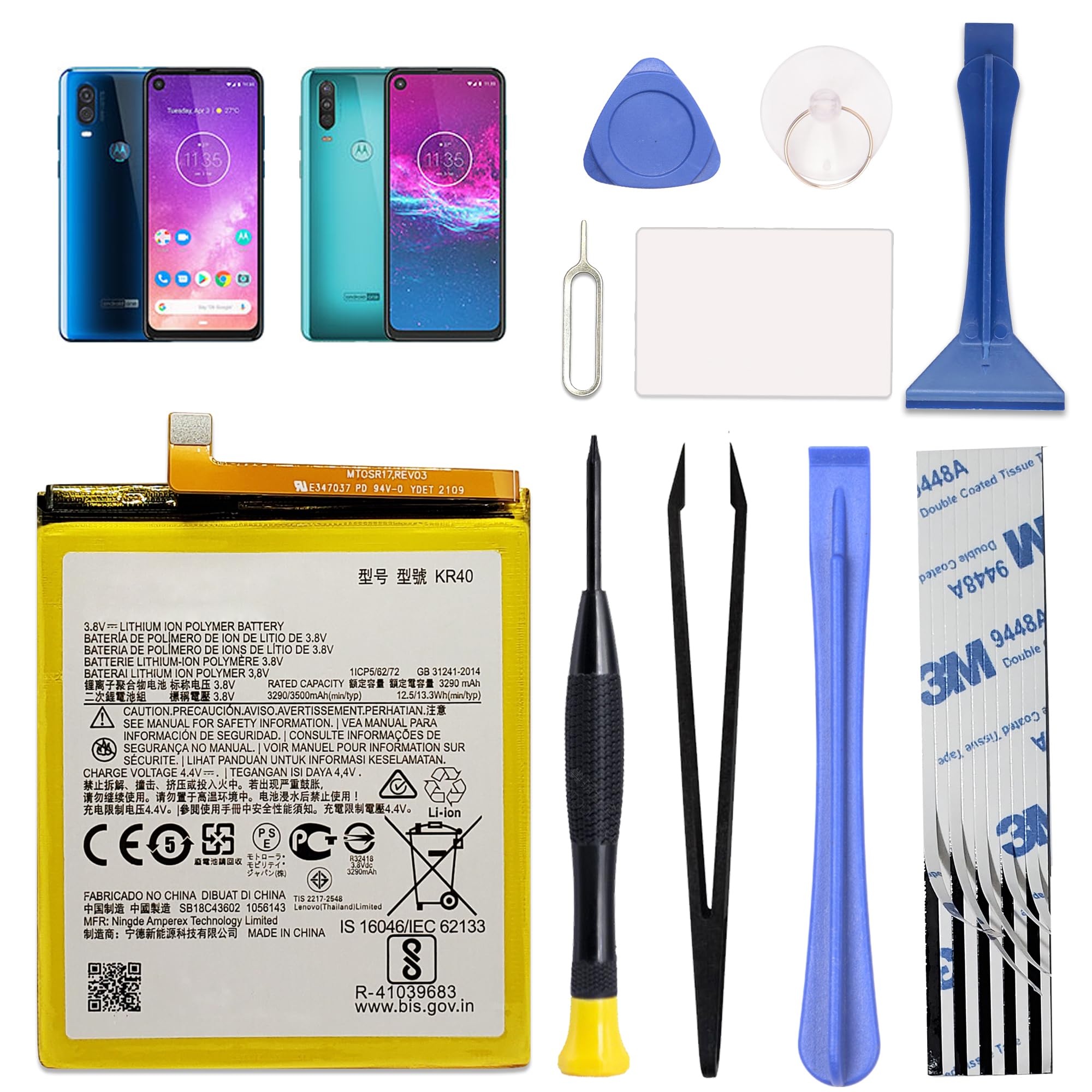 GREEN FUSION Only for Moto One Vision &amp; Moto One Action Battery Replacement, with Video Tutorial, KR40 Battery for Moto One Vision &amp; Moto One Action, with Repair Toolkit